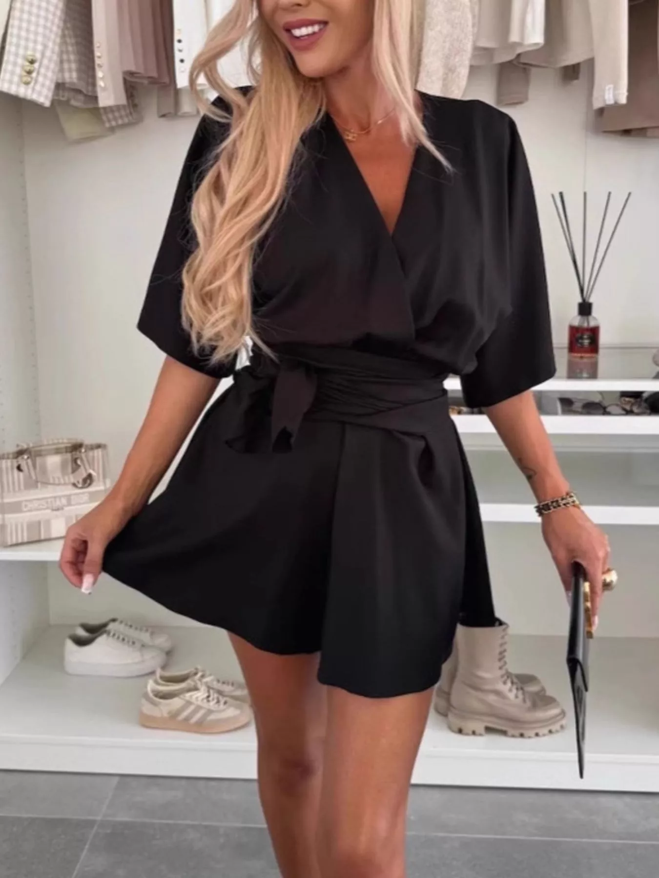 Full Size Surplice Tie Waist Romper Plus Size - Image 11