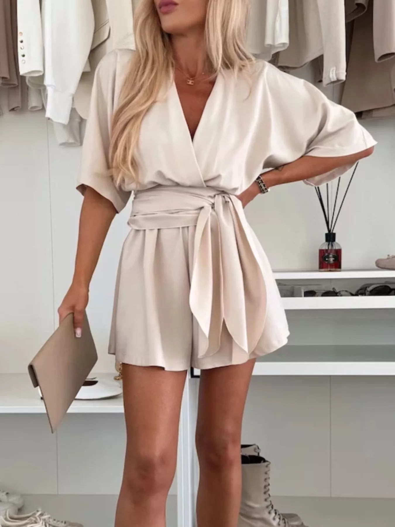 Full Size Surplice Tie Waist Romper Plus Size - Image 3