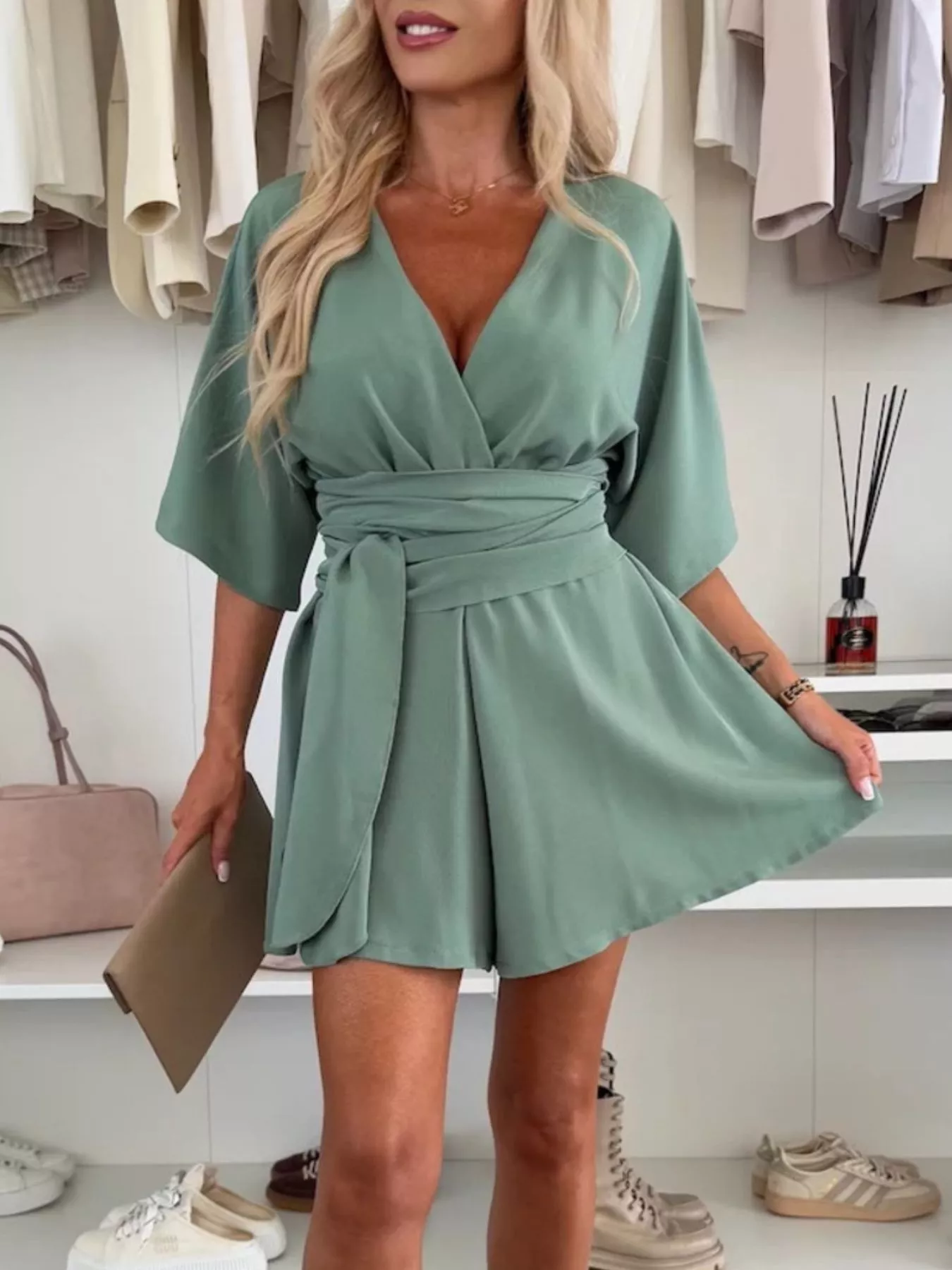 Full Size Surplice Tie Waist Romper Plus Size - Image 4