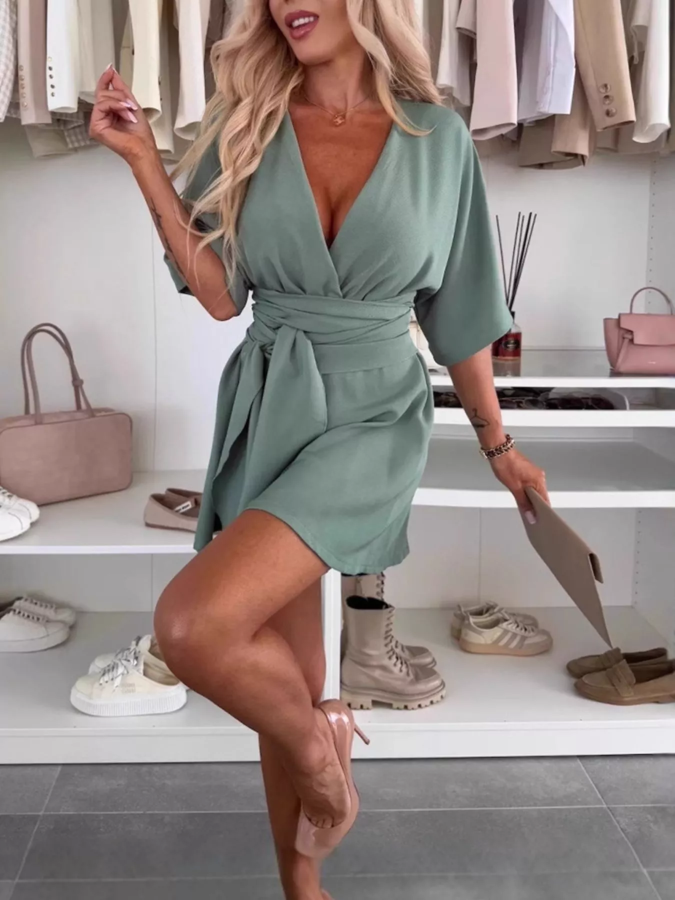 Full Size Surplice Tie Waist Romper Plus Size - Image 7
