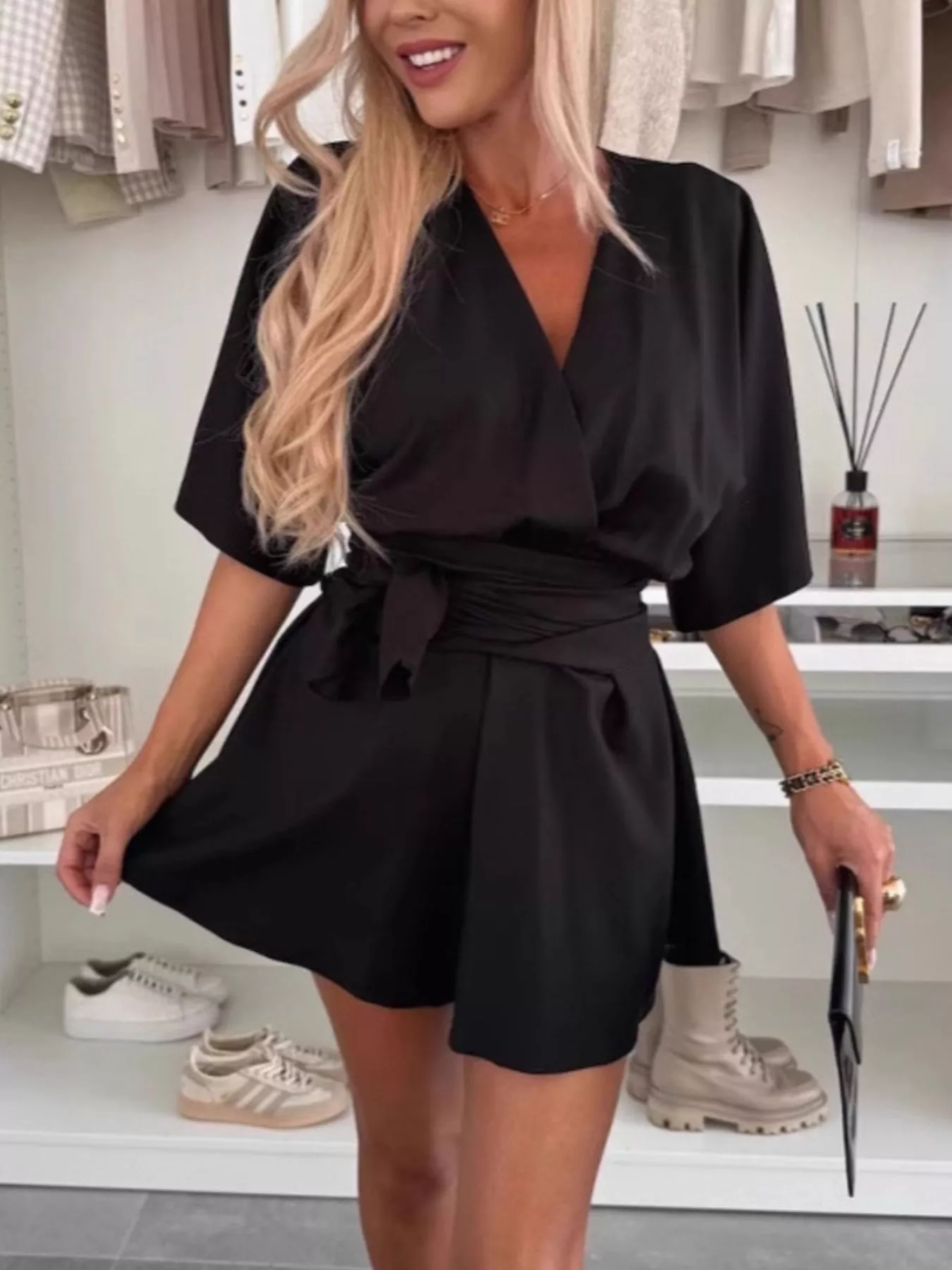 Full Size Surplice Tie Waist Romper Plus Size - Image 9