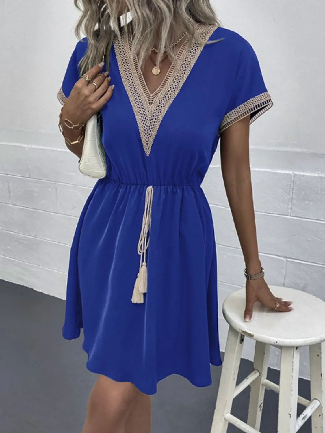 Full Size Tassel V-Neck Short Sleeve Dress Plus Size - Image 4
