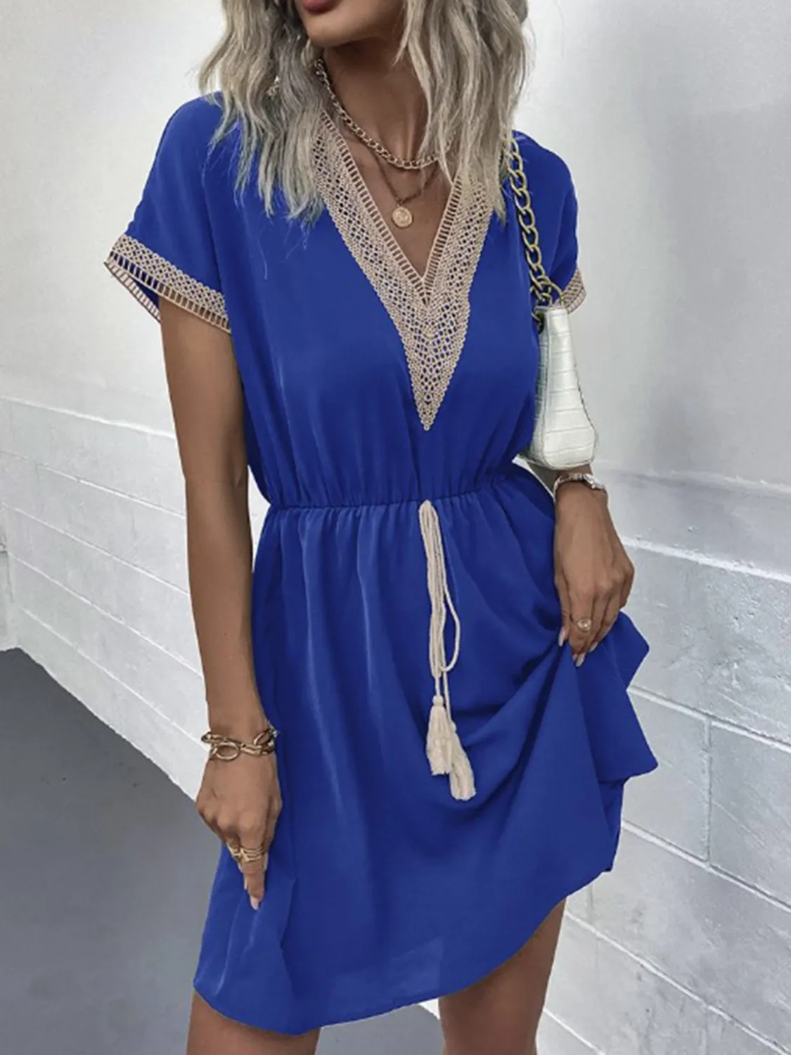 Full Size Tassel V-Neck Short Sleeve Dress Plus Size - Image 5