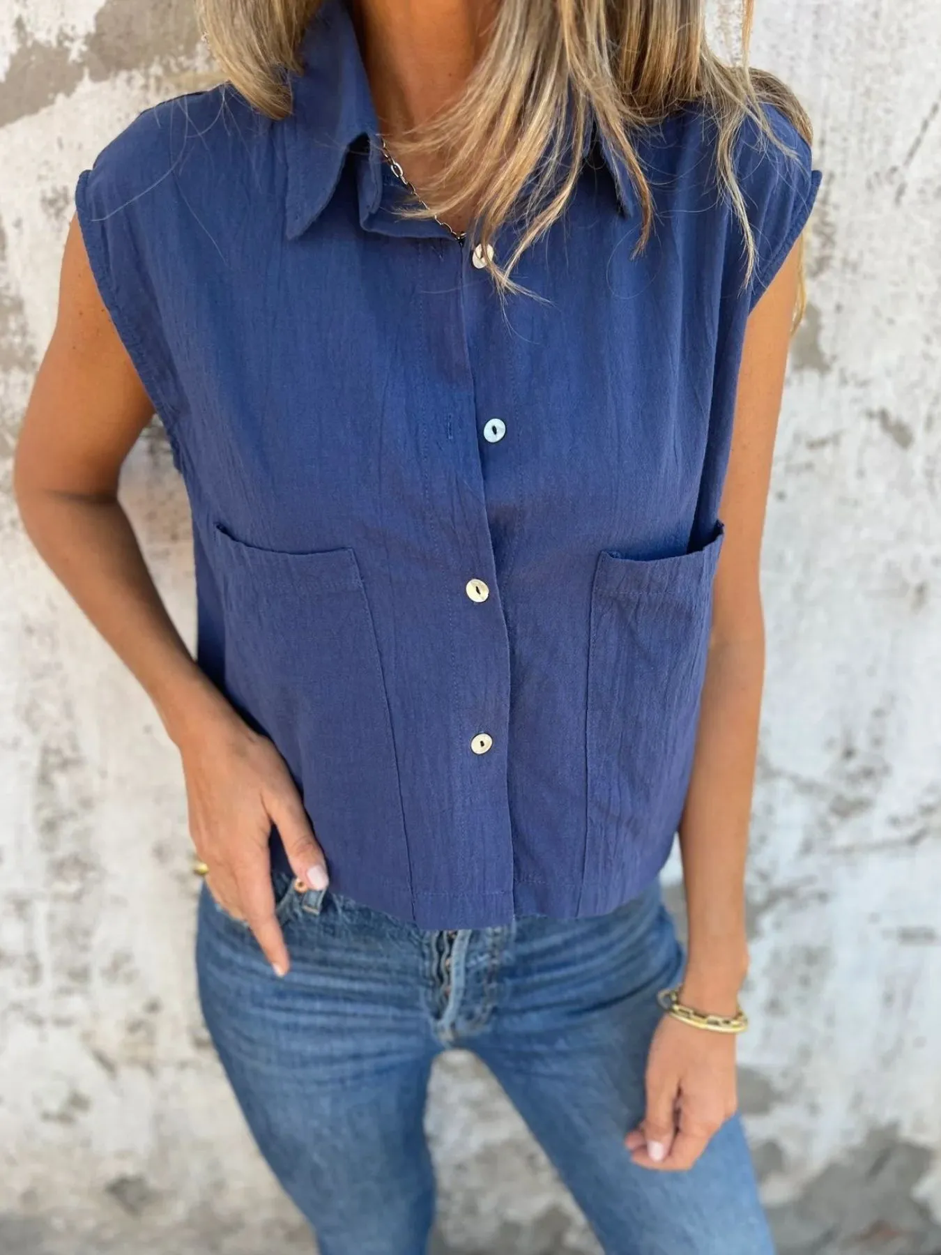 Full Size Textured Button-Front Sleeveless Shirt Plus Size - Image 12