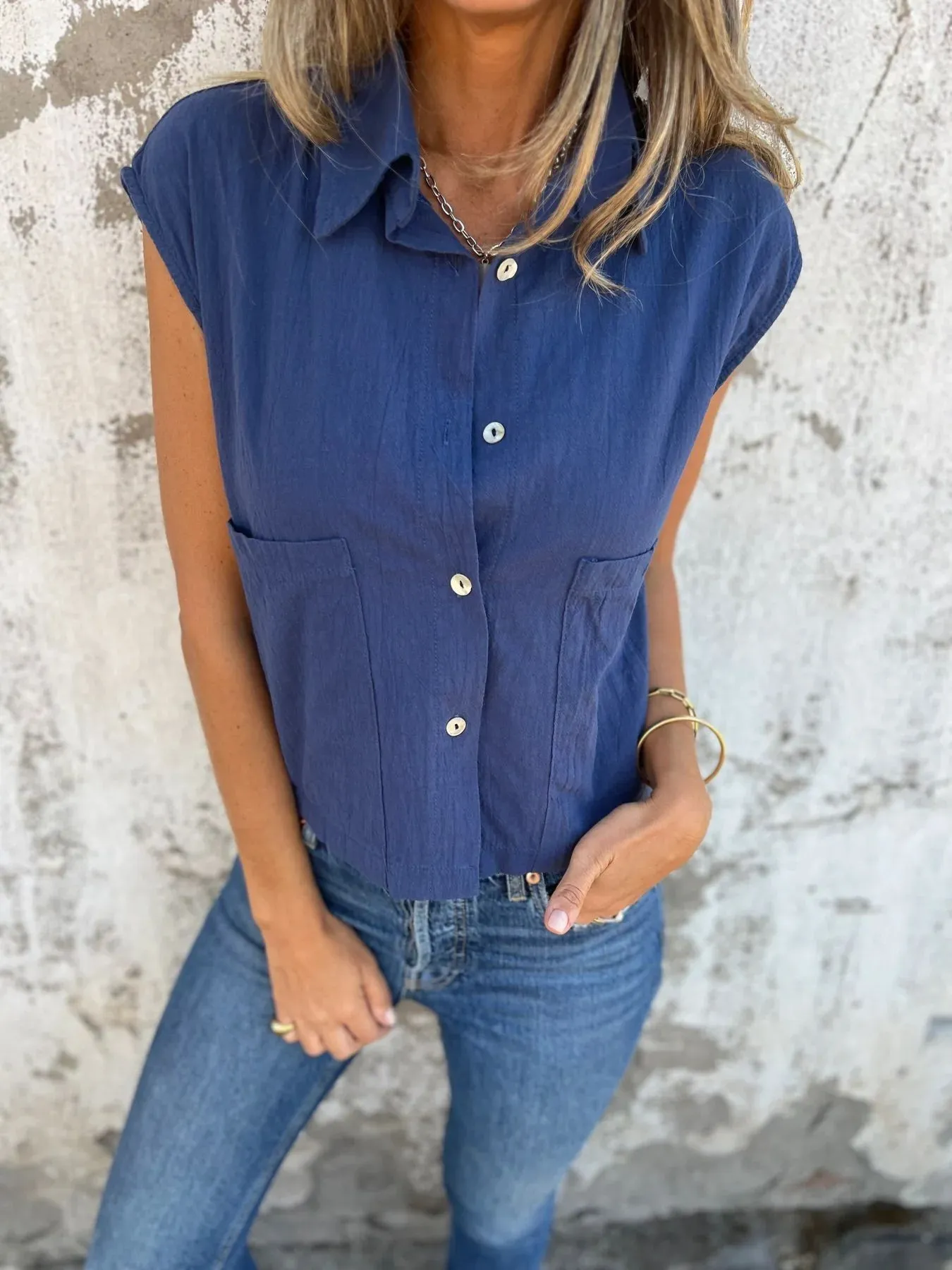 Full Size Textured Button-Front Sleeveless Shirt Plus Size - Image 13