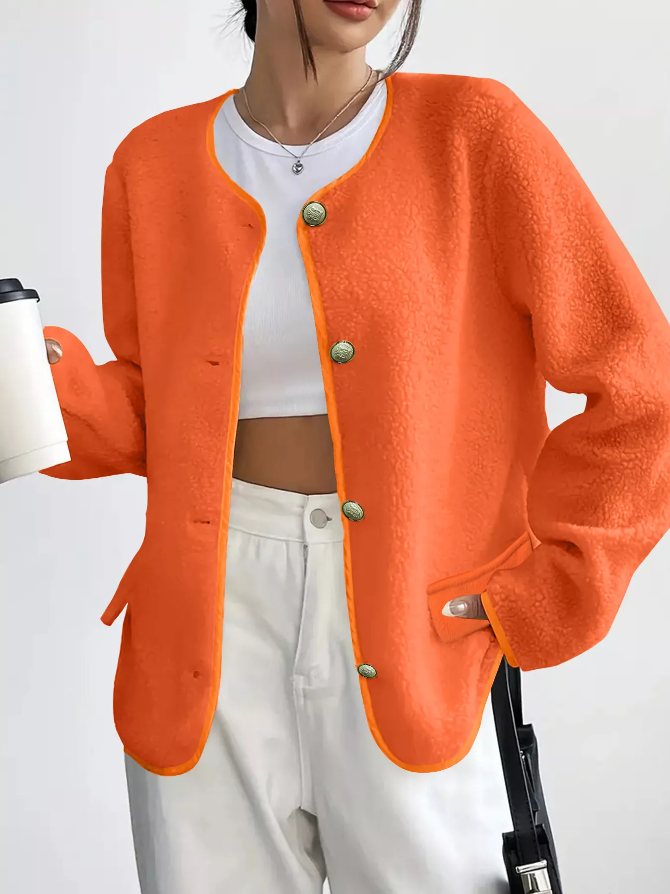 Full Size Textured Button-Up Fleece Outerwear Plus Size - Image 2