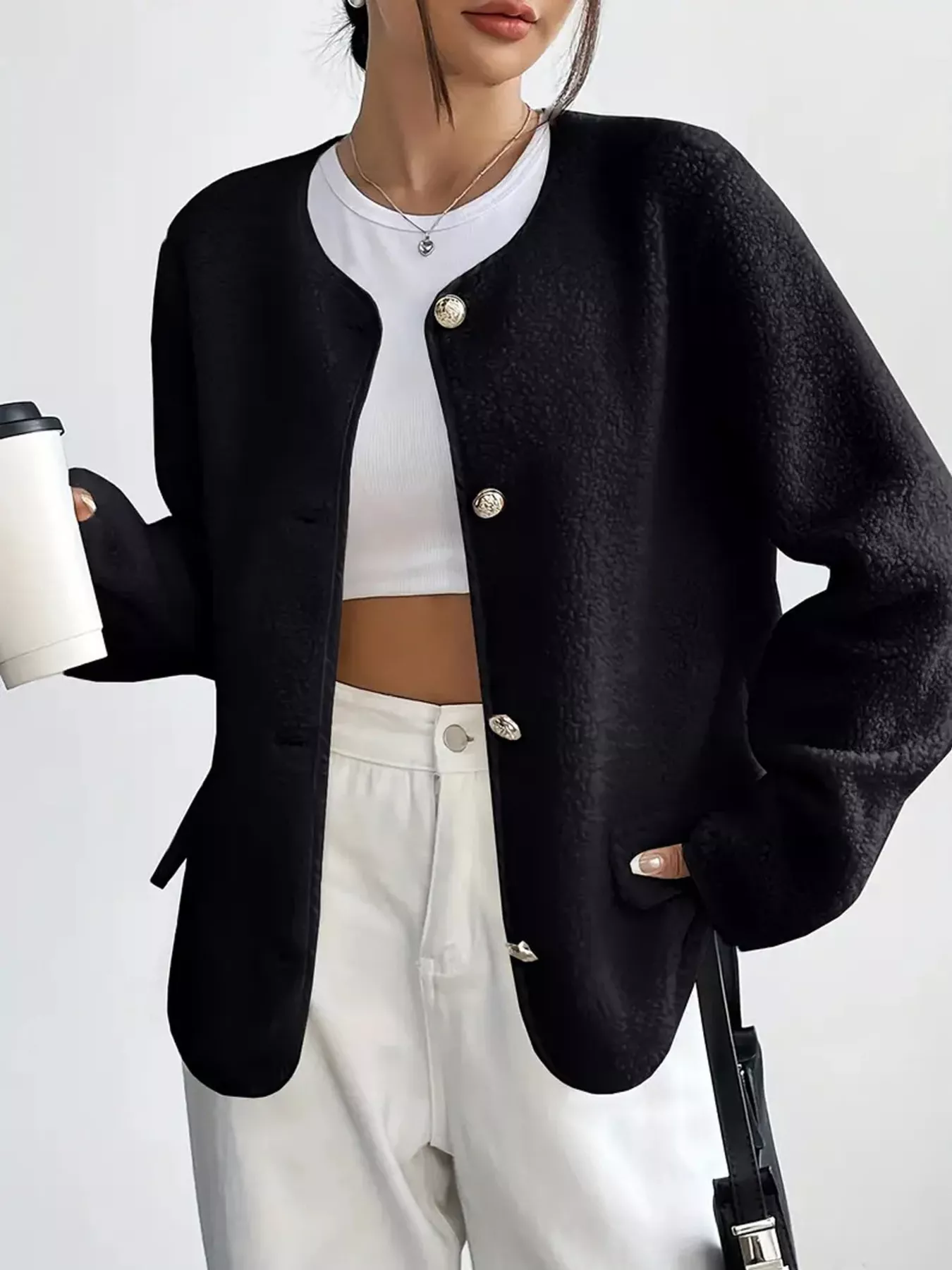 Full Size Textured Button-Up Fleece Outerwear Plus Size - Image 5