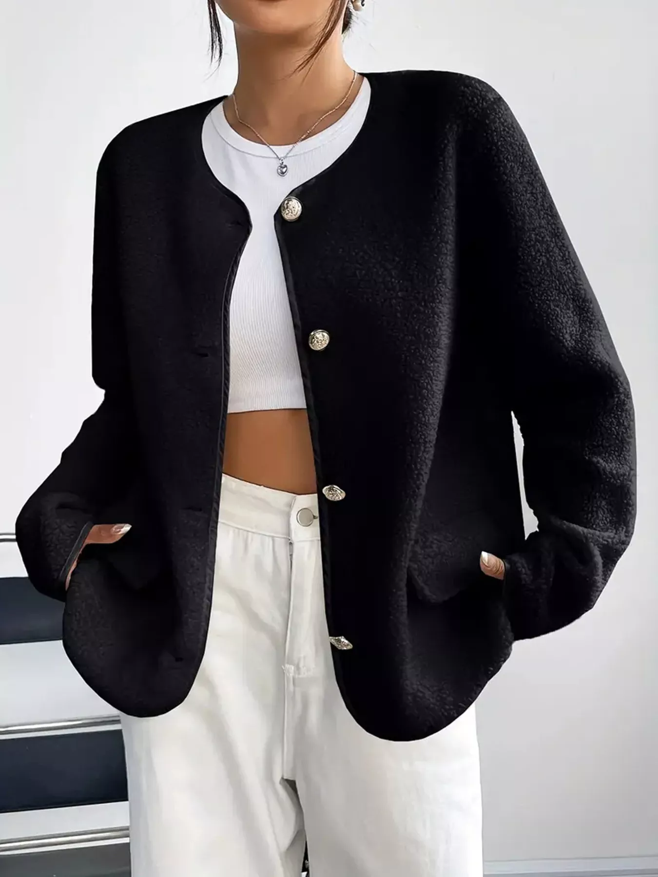 Full Size Textured Button-Up Fleece Outerwear Plus Size - Image 6