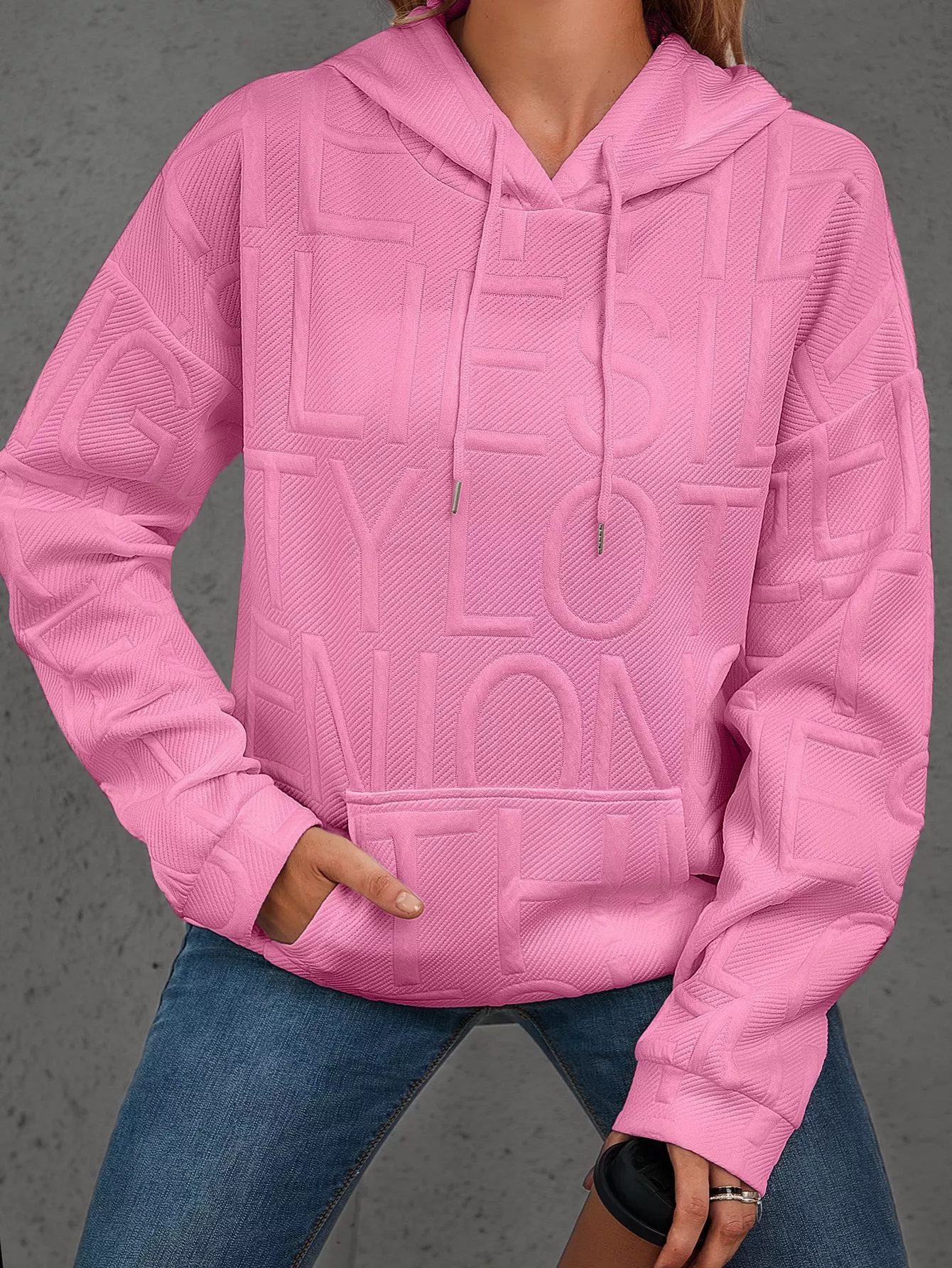 Full Size Textured Embossed Long Sleeve Hoodie Plus Size - Image 15