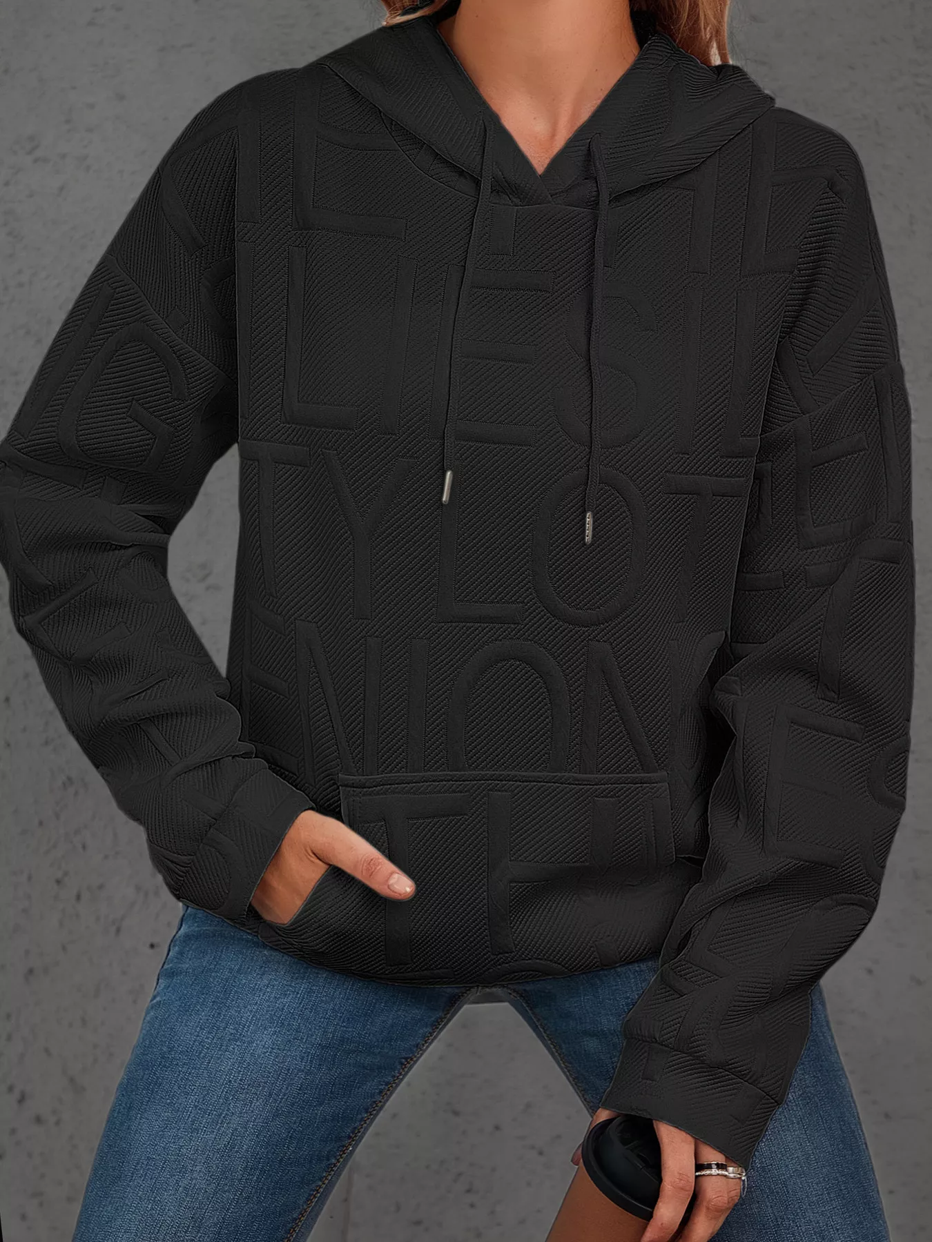 Full Size Textured Embossed Long Sleeve Hoodie Plus Size - Image 19