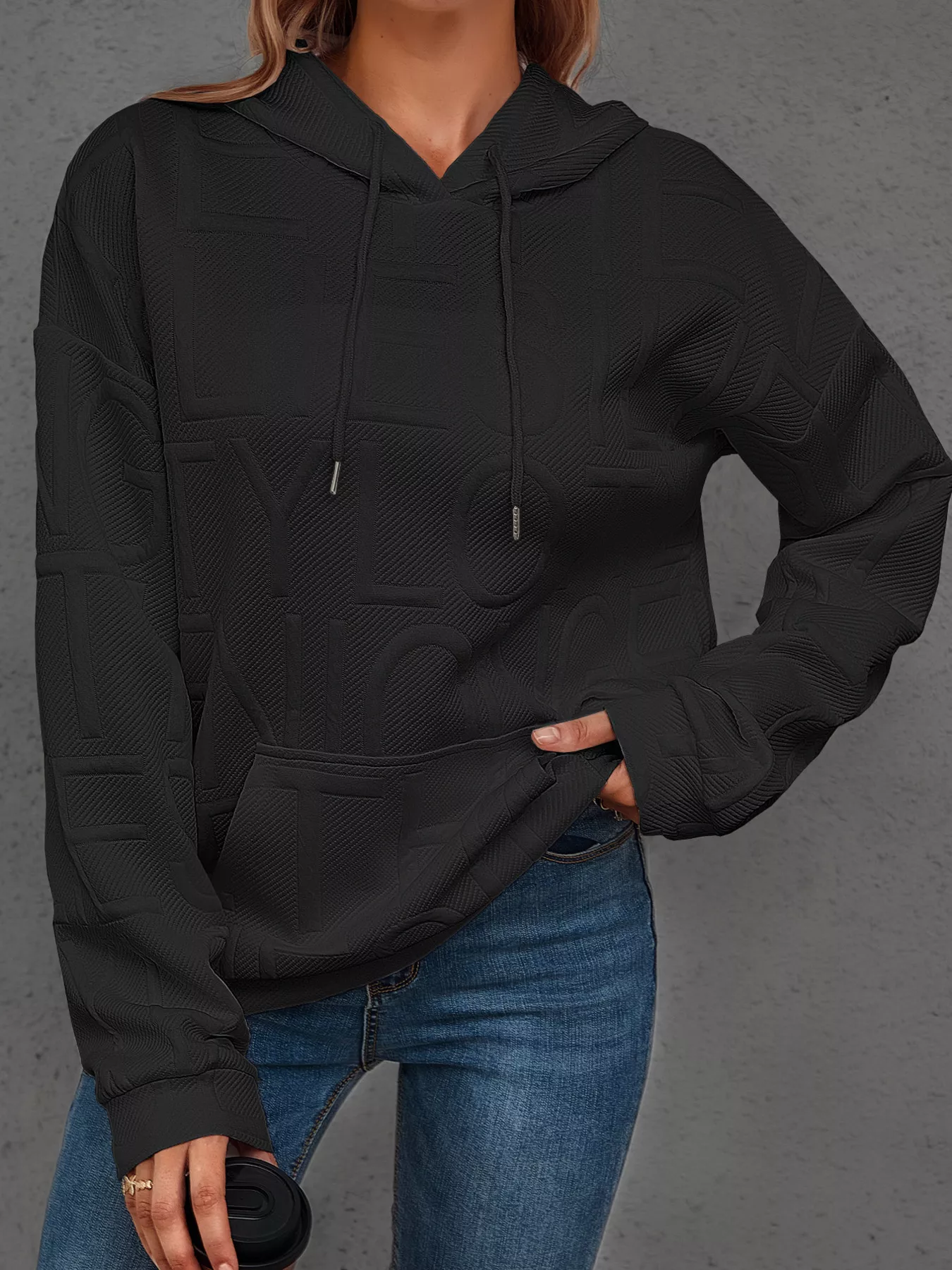 Full Size Textured Embossed Long Sleeve Hoodie Plus Size - Image 20