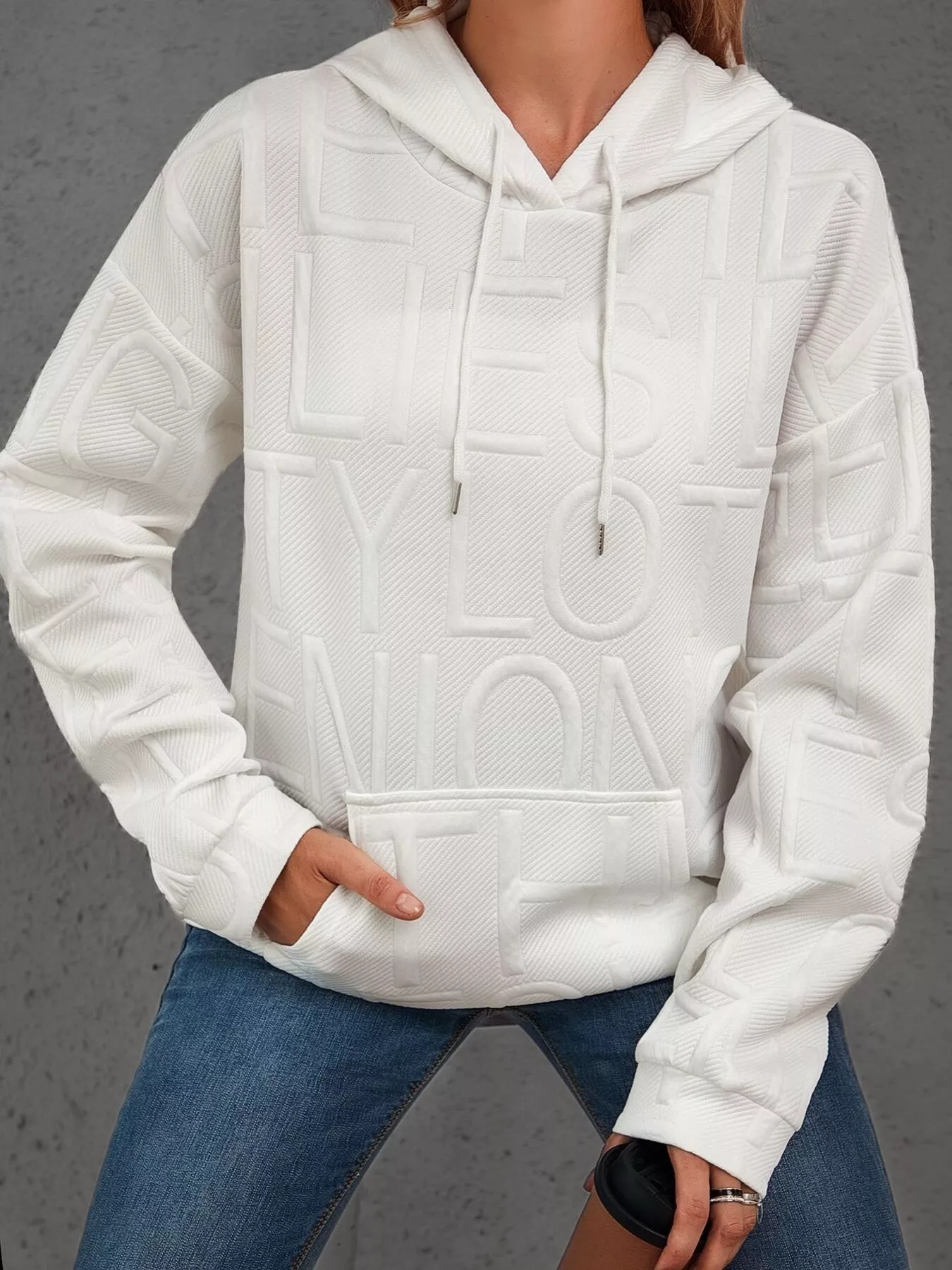 Full Size Textured Embossed Long Sleeve Hoodie Plus Size - Image 4