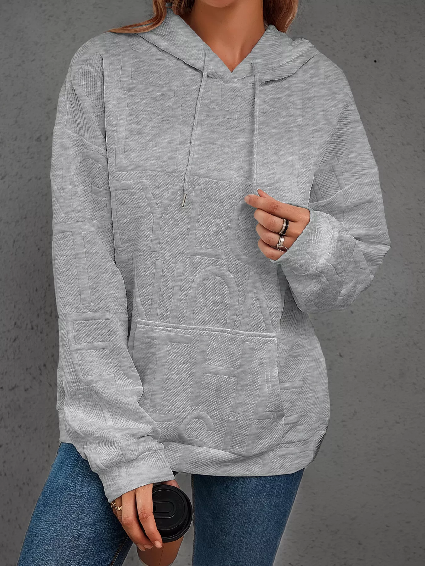 Full Size Textured Embossed Long Sleeve Hoodie Plus Size - Image 9