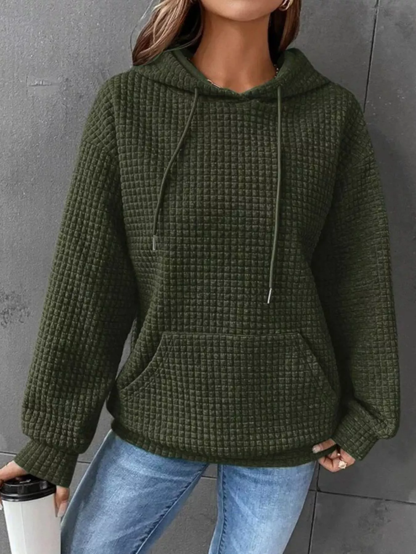 Full Size Textured Kangaroo Pocket Hoodie Plus Size - Image 17