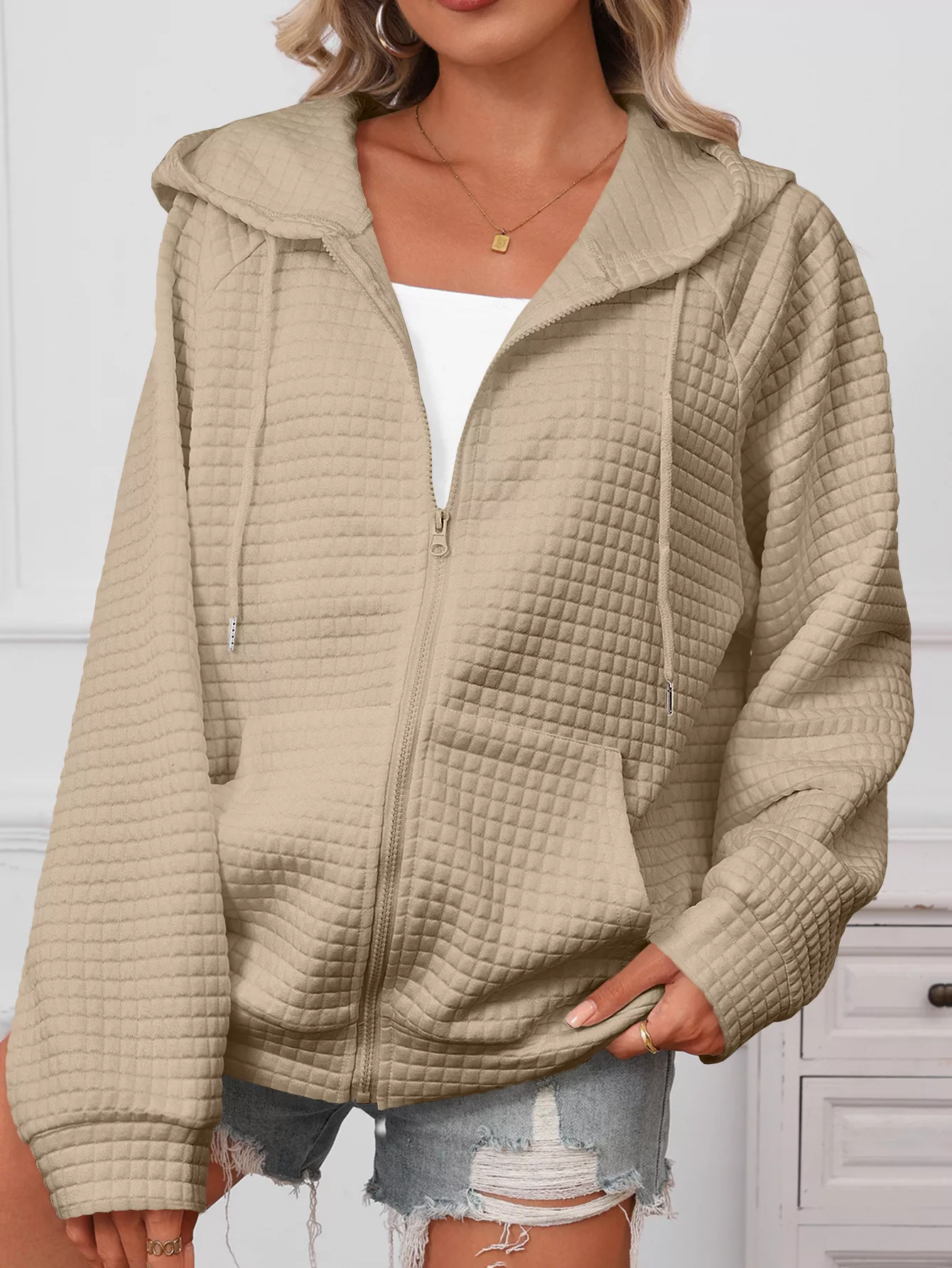 Full Size Textured Quilted Zip-Up Hooded Jacket Plus Size - Image 20