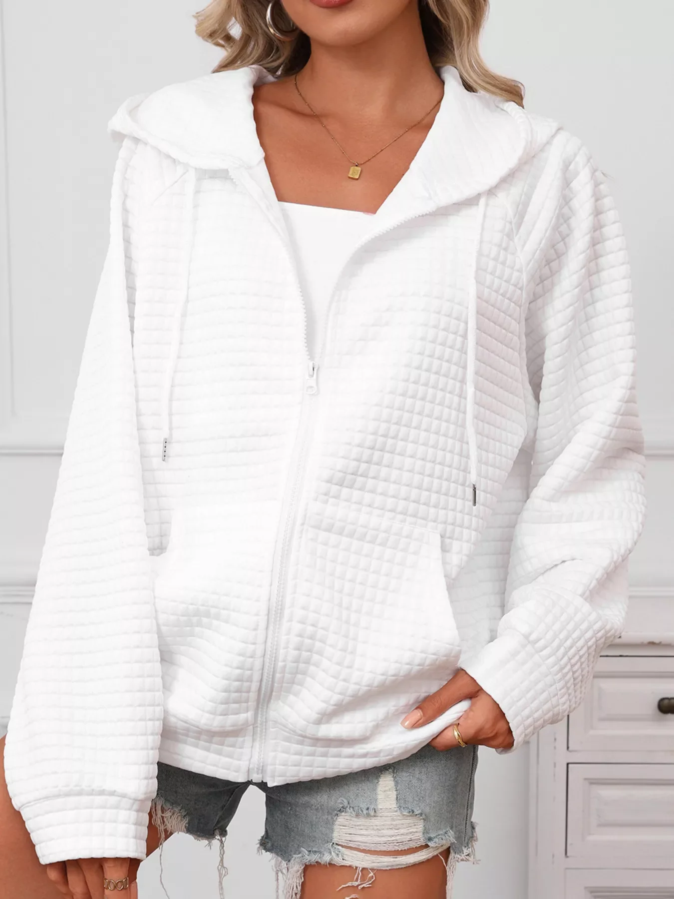 Full Size Textured Quilted Zip-Up Hooded Jacket Plus Size - Image 4