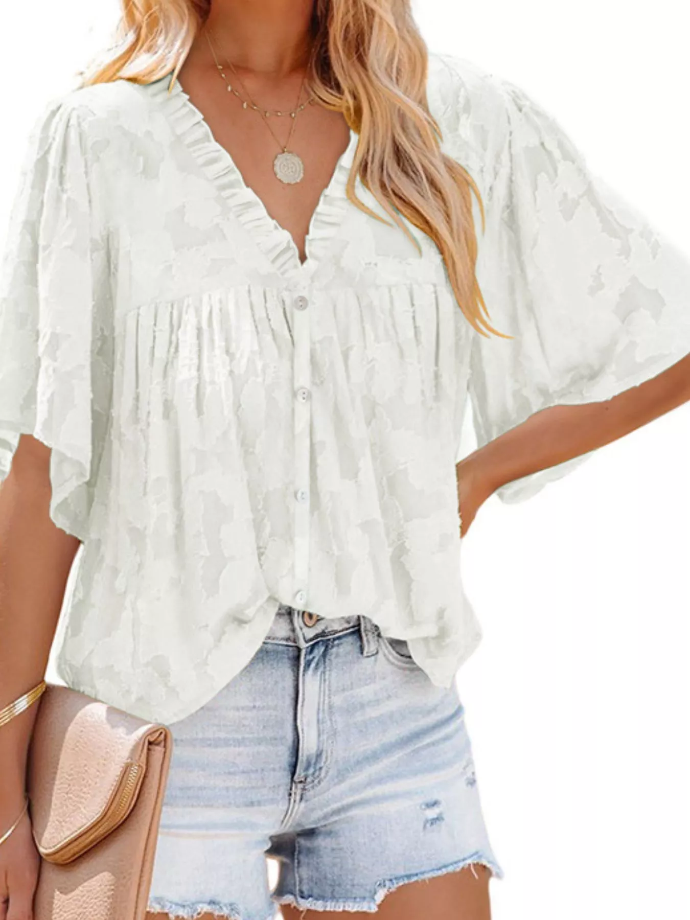 Full Size Textured V-Neck Button-Down Shirt Plus Size - Image 5