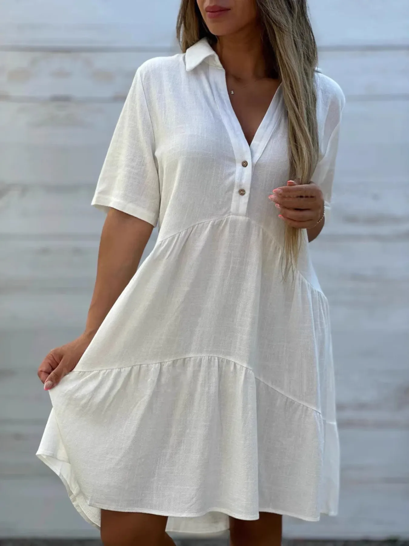Full Size Tiered Button-Front Short Sleeve Dress Plus Size - Image 7