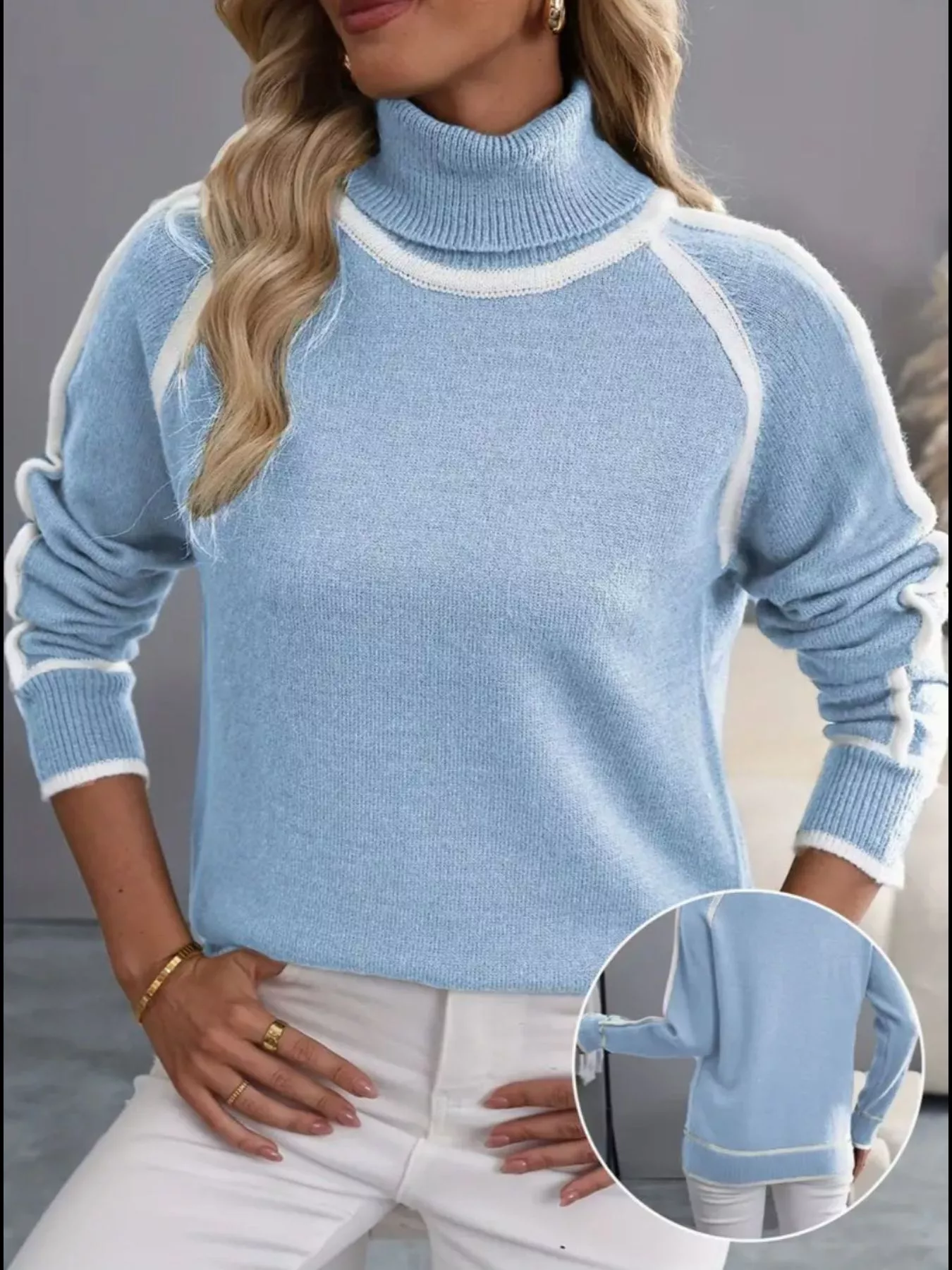 Full Size Turtleneck Contrast Trim Sweater Plus Size - Image 15