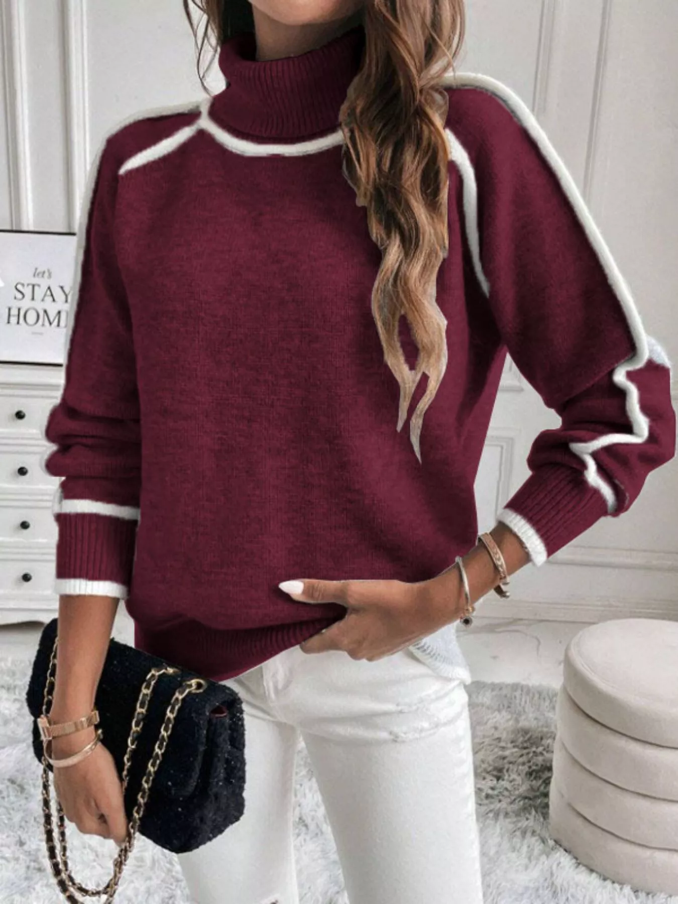Full Size Turtleneck Contrast Trim Sweater Plus Size - Image 27