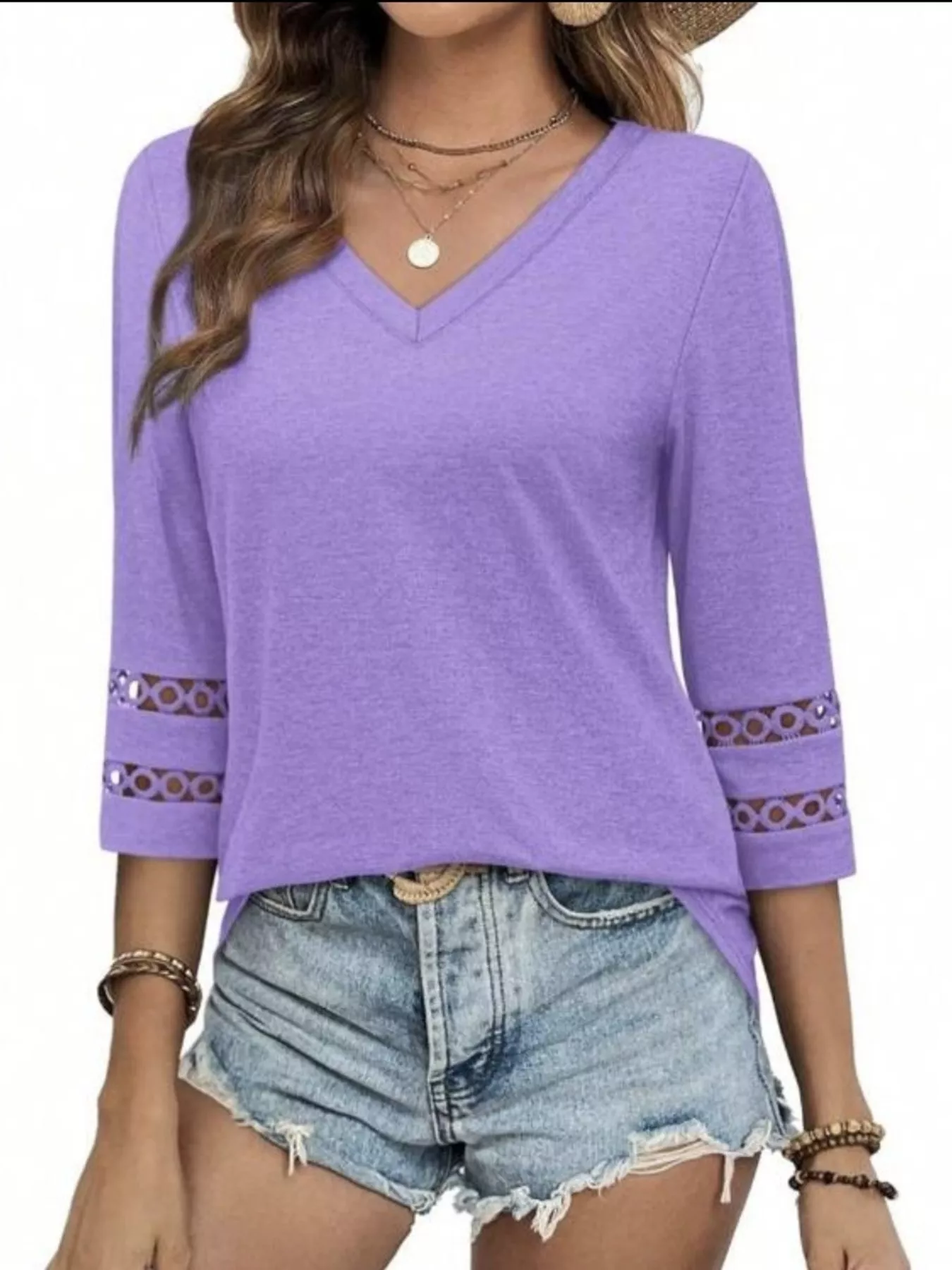 Full Size V-Neck 3/4 Sleeve T-Shirt Plus Size - Image 21