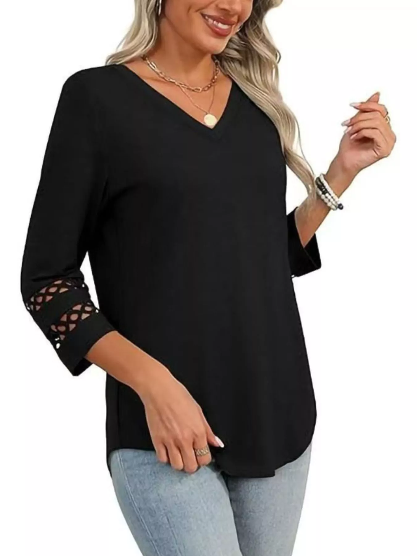 Full Size V-Neck 3/4 Sleeve T-Shirt Plus Size - Image 33