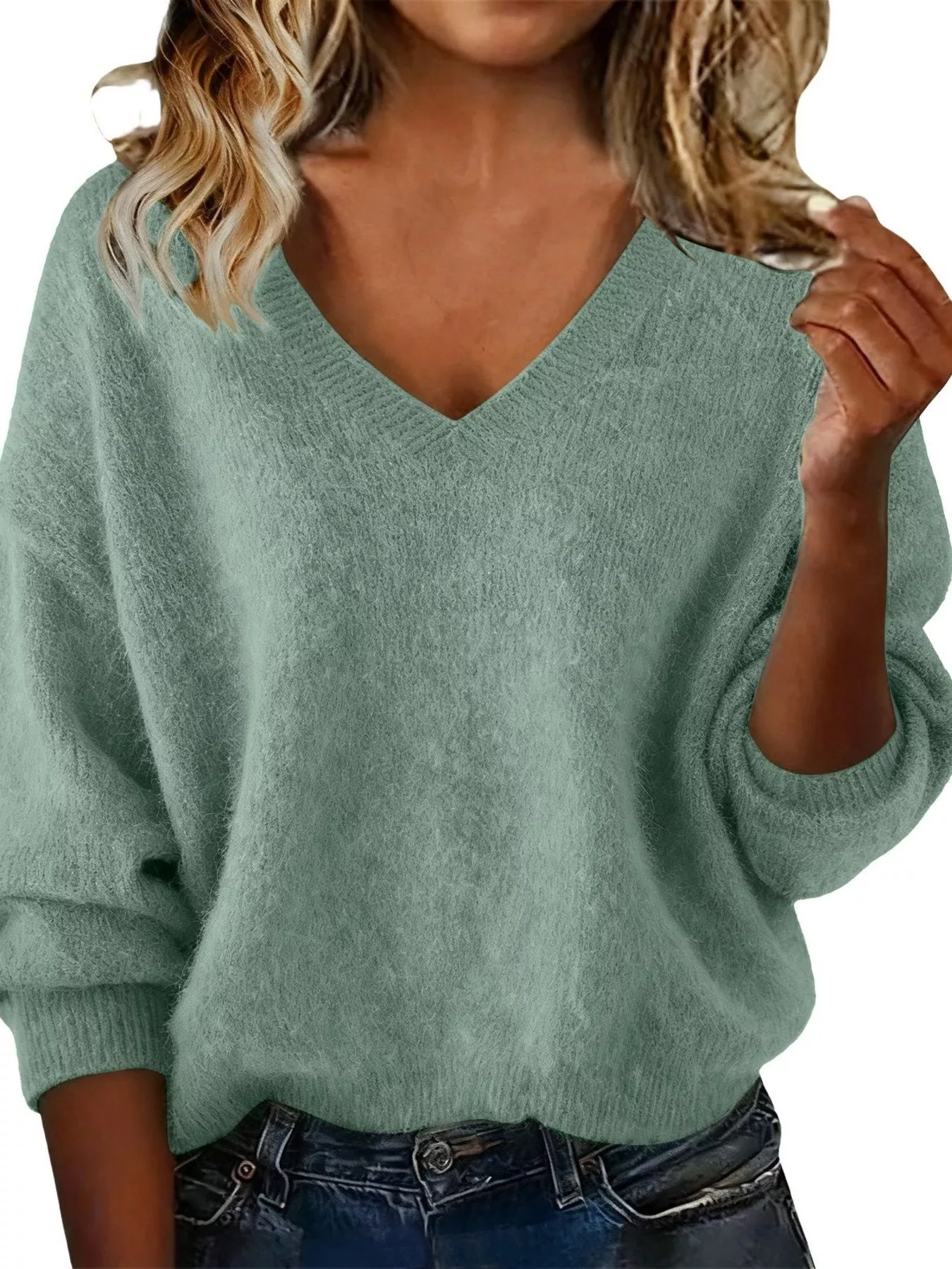 Full Size V-Neck Dropped Shoulder Sweater Plus Size - Image 15