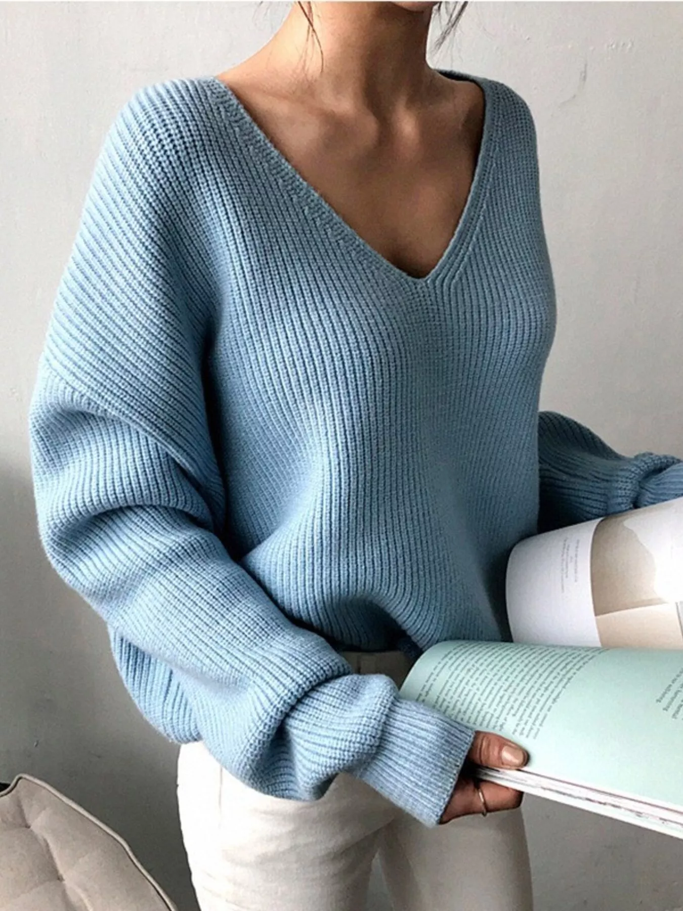 Full Size V-Neck Dropped Shoulder Sweater Plus Size - Image 4