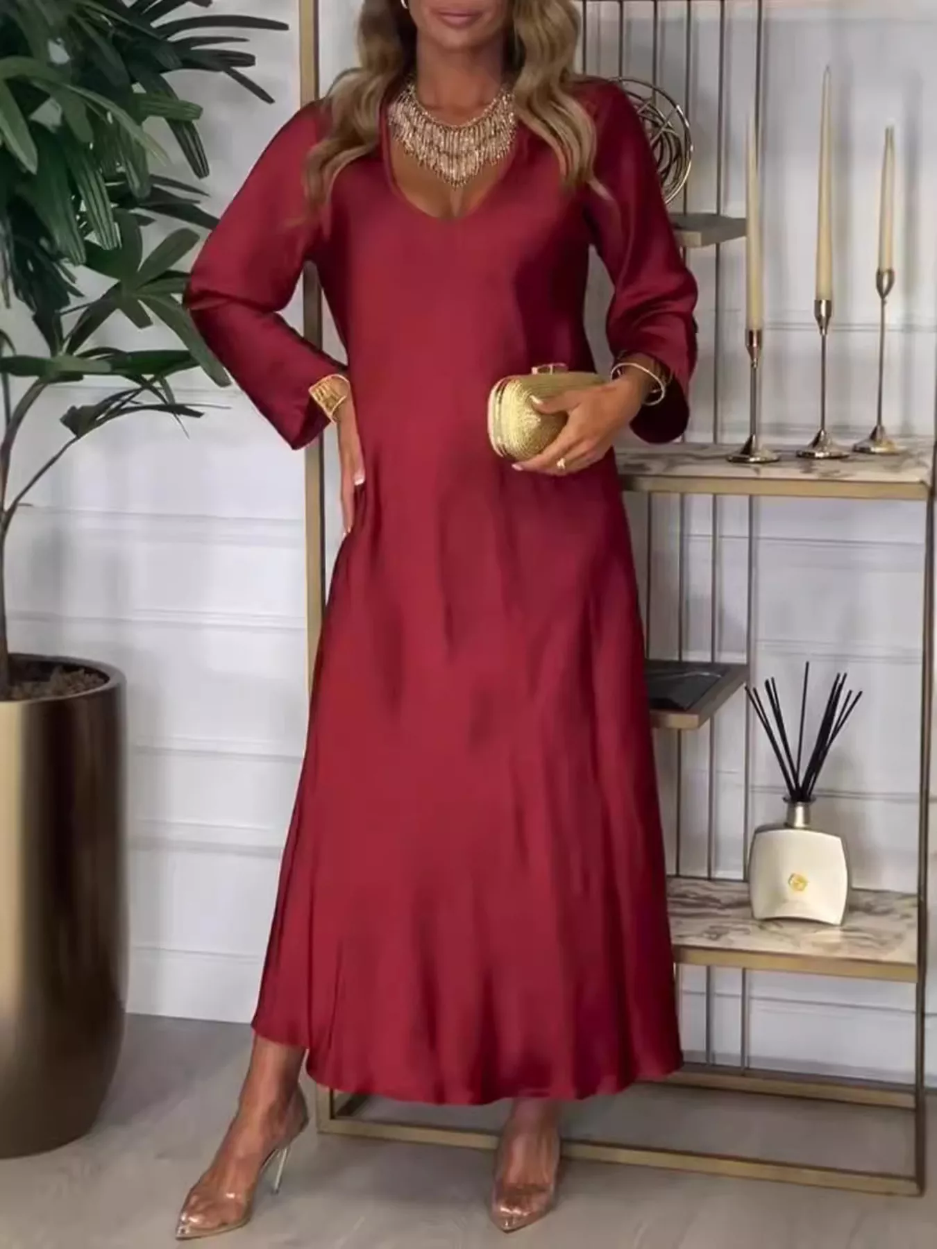 Full Size V-Neck Long Sleeve Midi Dress Plus Size - Image 4