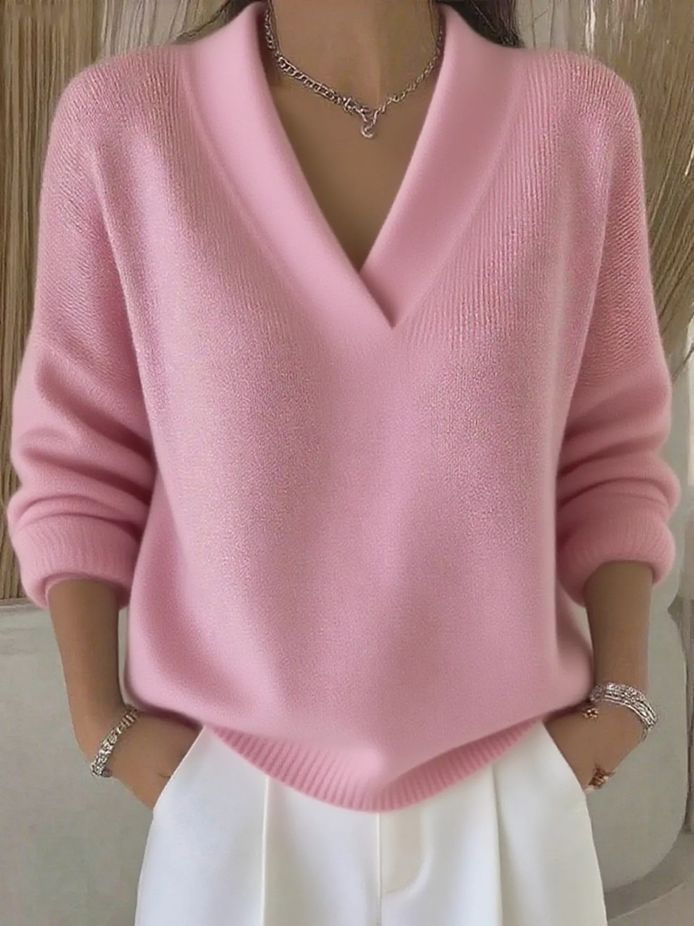 Full Size V-Neck Long Sleeve Sweater Plus Size - Image 4