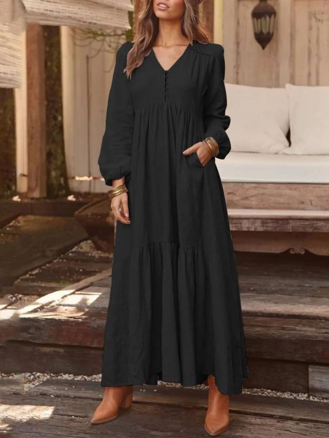 Full Size V-Neck Long Sleeve Tiered Maxi Dress Plus Size - Image 16