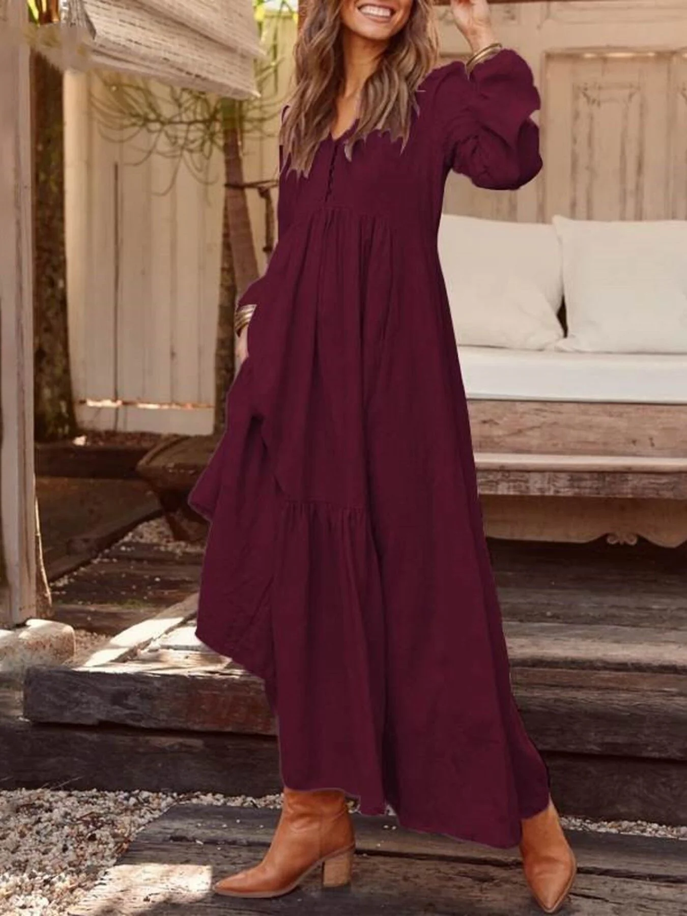 Full Size V-Neck Long Sleeve Tiered Maxi Dress Plus Size - Image 19