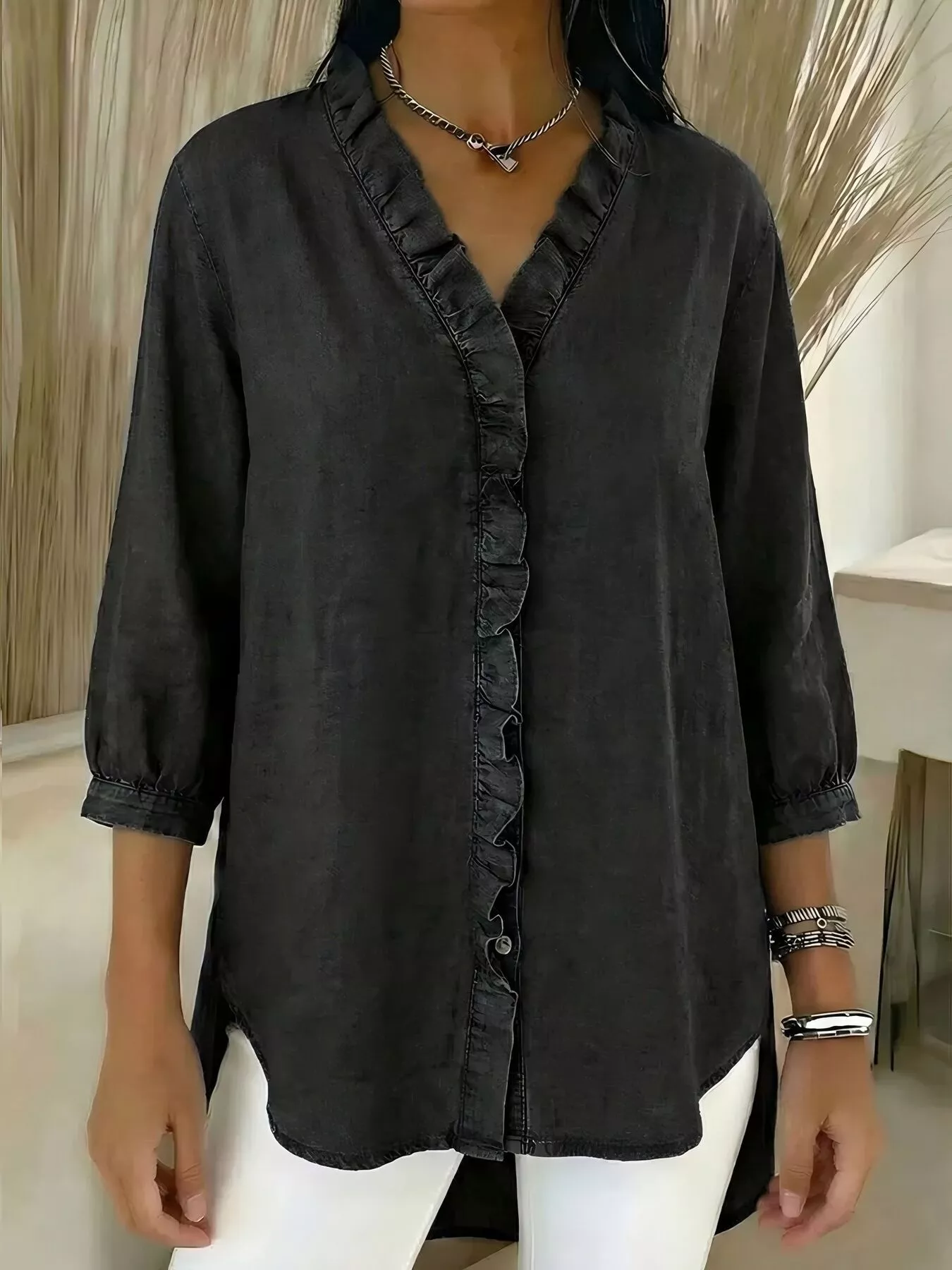 Full Size V-Neck Ruffled Button Down Shirt Plus Size - Image 12
