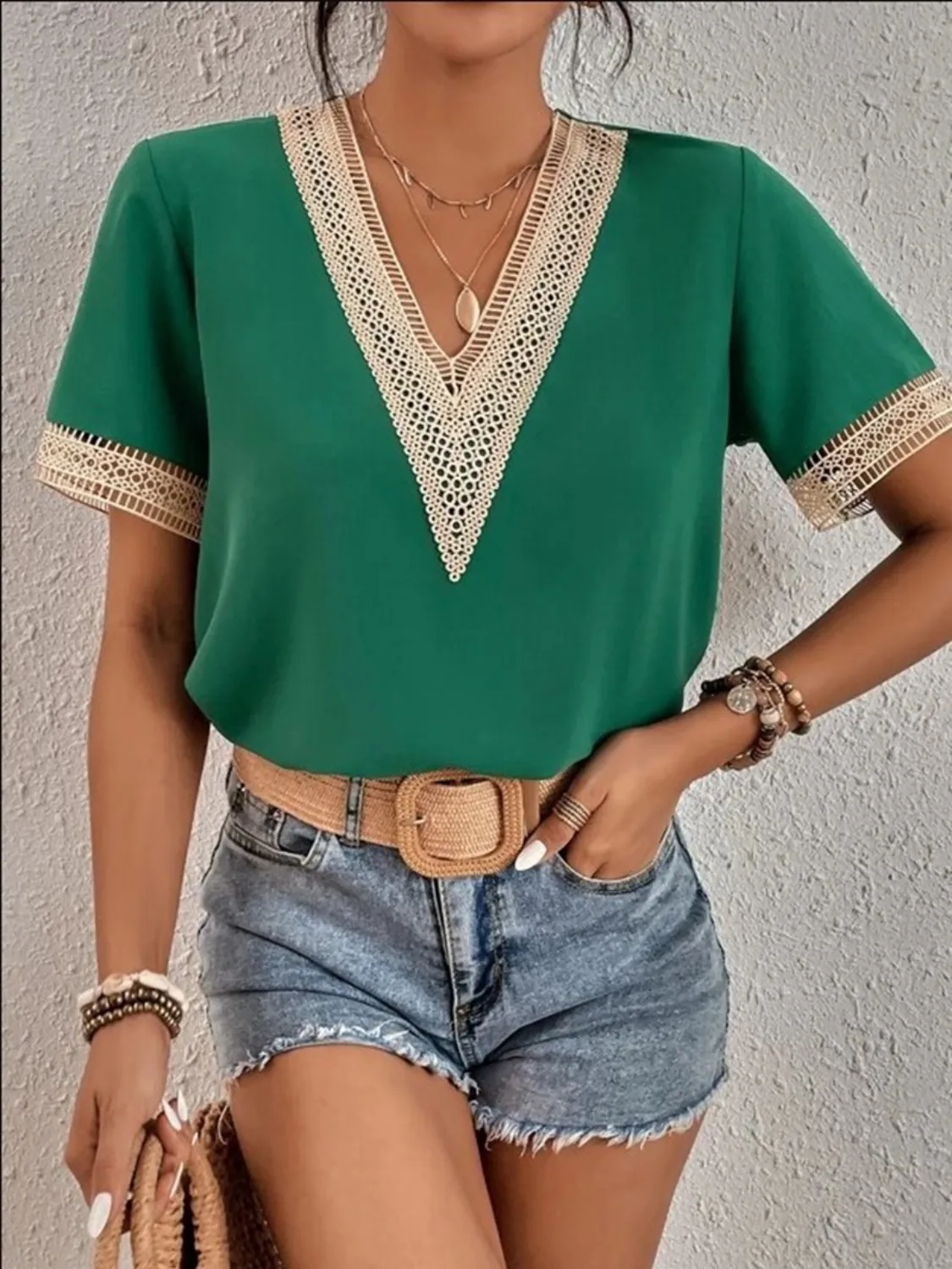 Full Size V-Neck Short Sleeve Blouse Plus Size - Image 2
