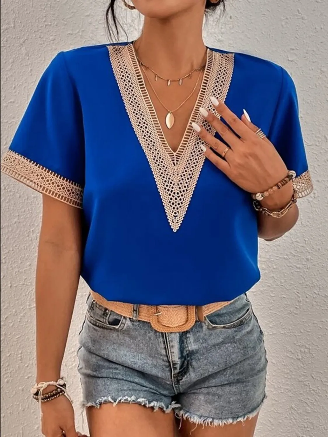 Full Size V-Neck Short Sleeve Blouse Plus Size - Image 5