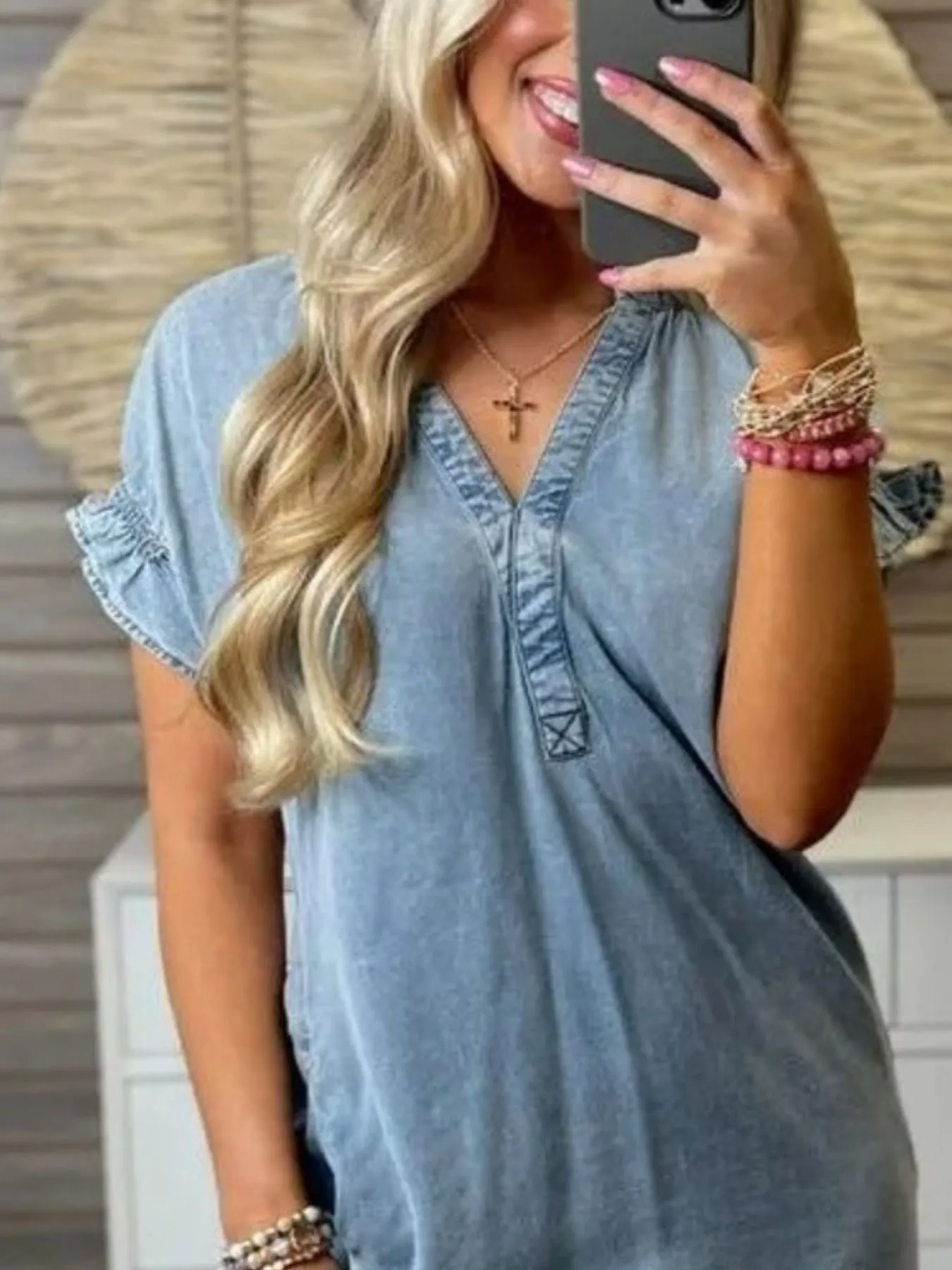 Full Size V-Neck Short Sleeve Denim Dress Plus Size - Image 2