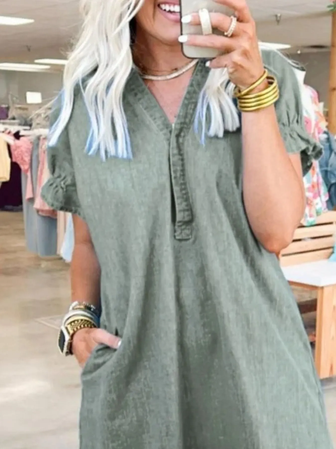 Full Size V-Neck Short Sleeve Denim Dress Plus Size - Image 20