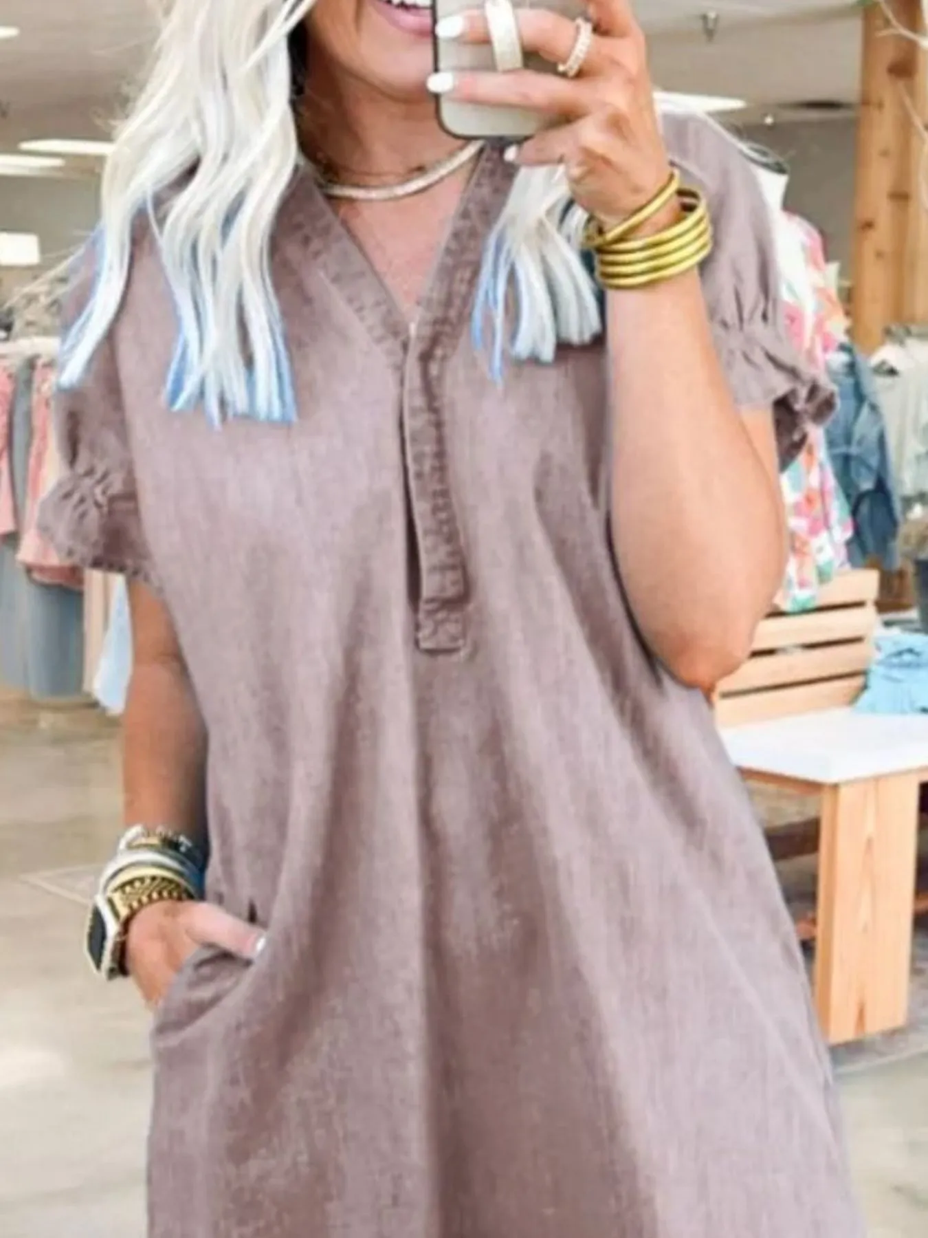 Full Size V-Neck Short Sleeve Denim Dress Plus Size - Image 23