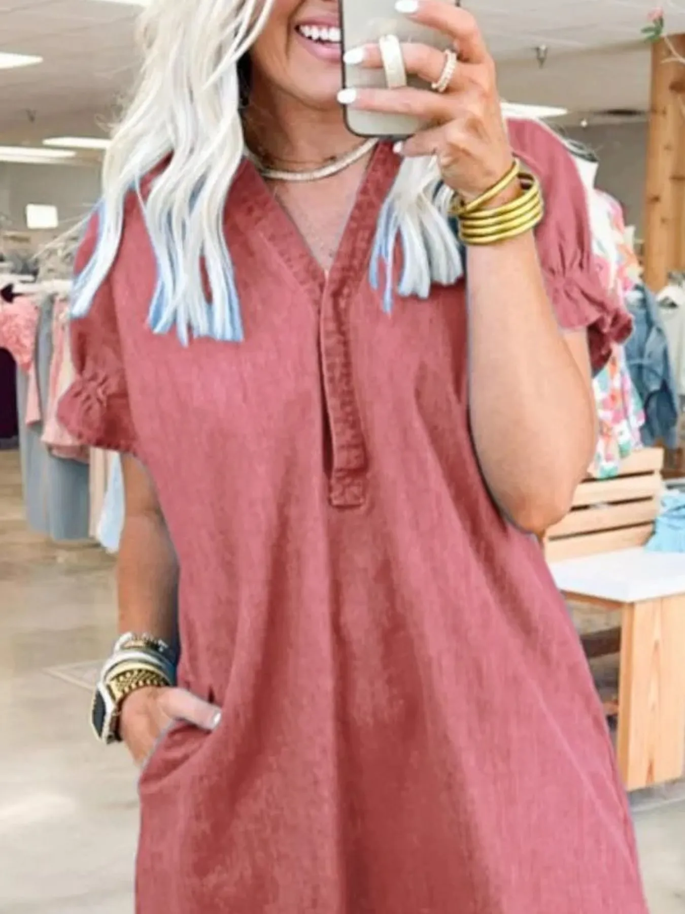 Full Size V-Neck Short Sleeve Denim Dress Plus Size - Image 29