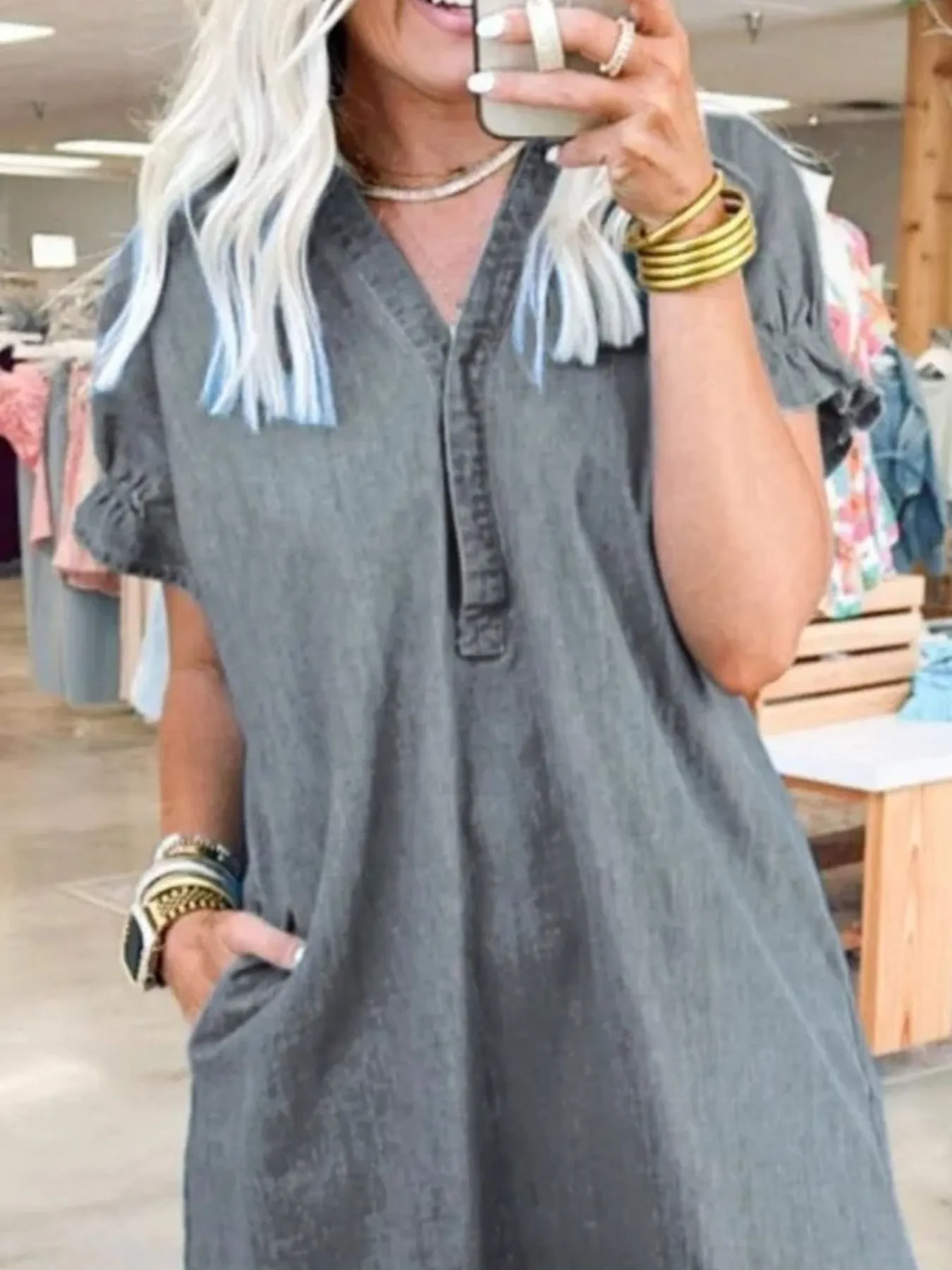 Full Size V-Neck Short Sleeve Denim Dress Plus Size - Image 32
