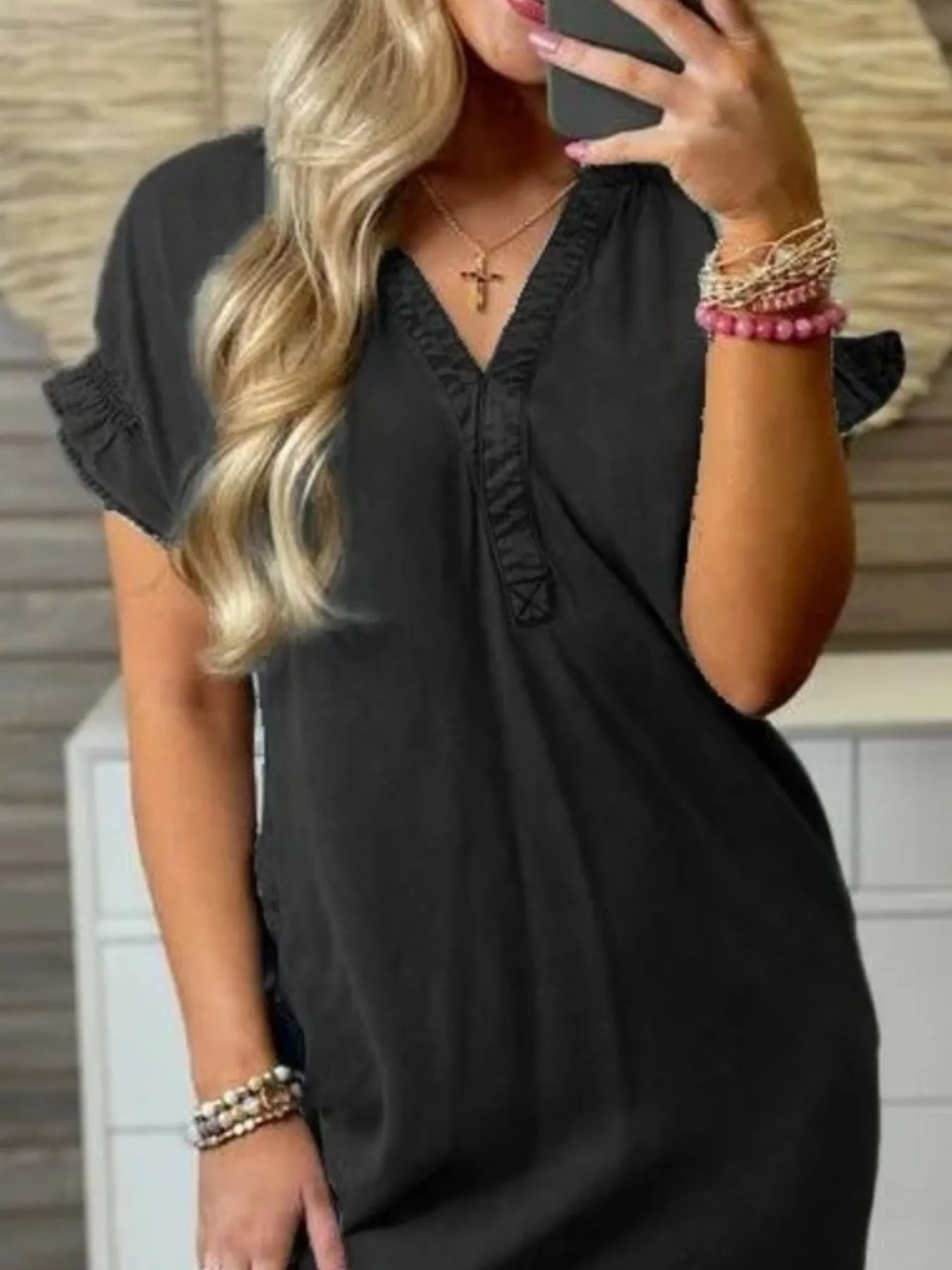 Full Size V-Neck Short Sleeve Denim Dress Plus Size - Image 8