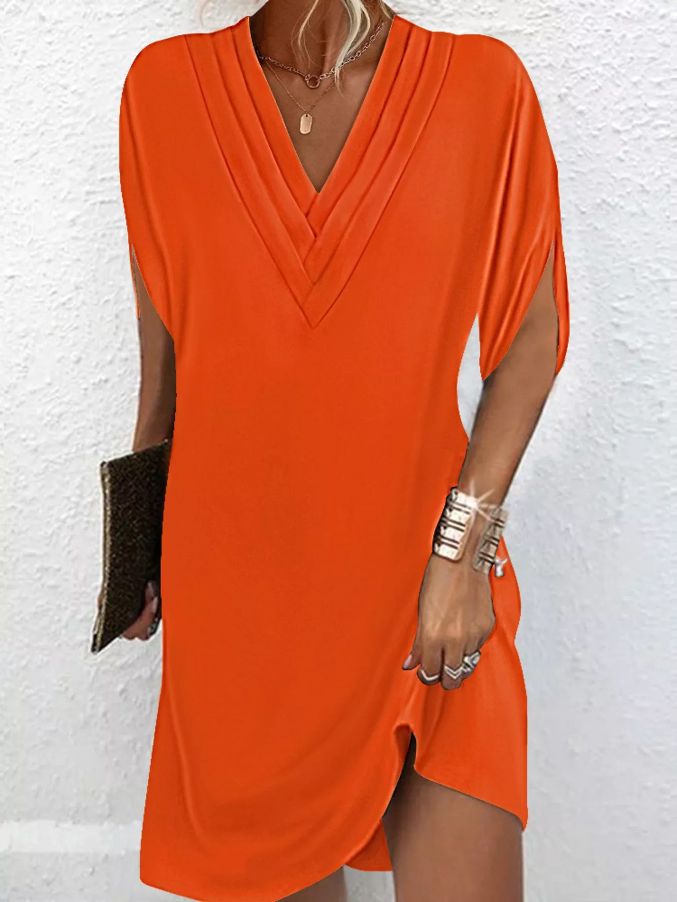 Full Size V-Neck Slit Sleeve Mini Dress Plus Size - Image 13