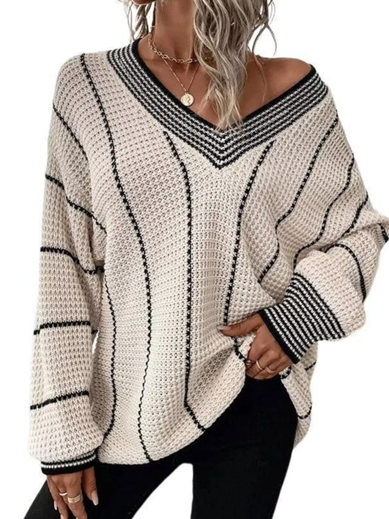 Full Size V-Neck Textured Knit Sweater Plus Size - Image 10