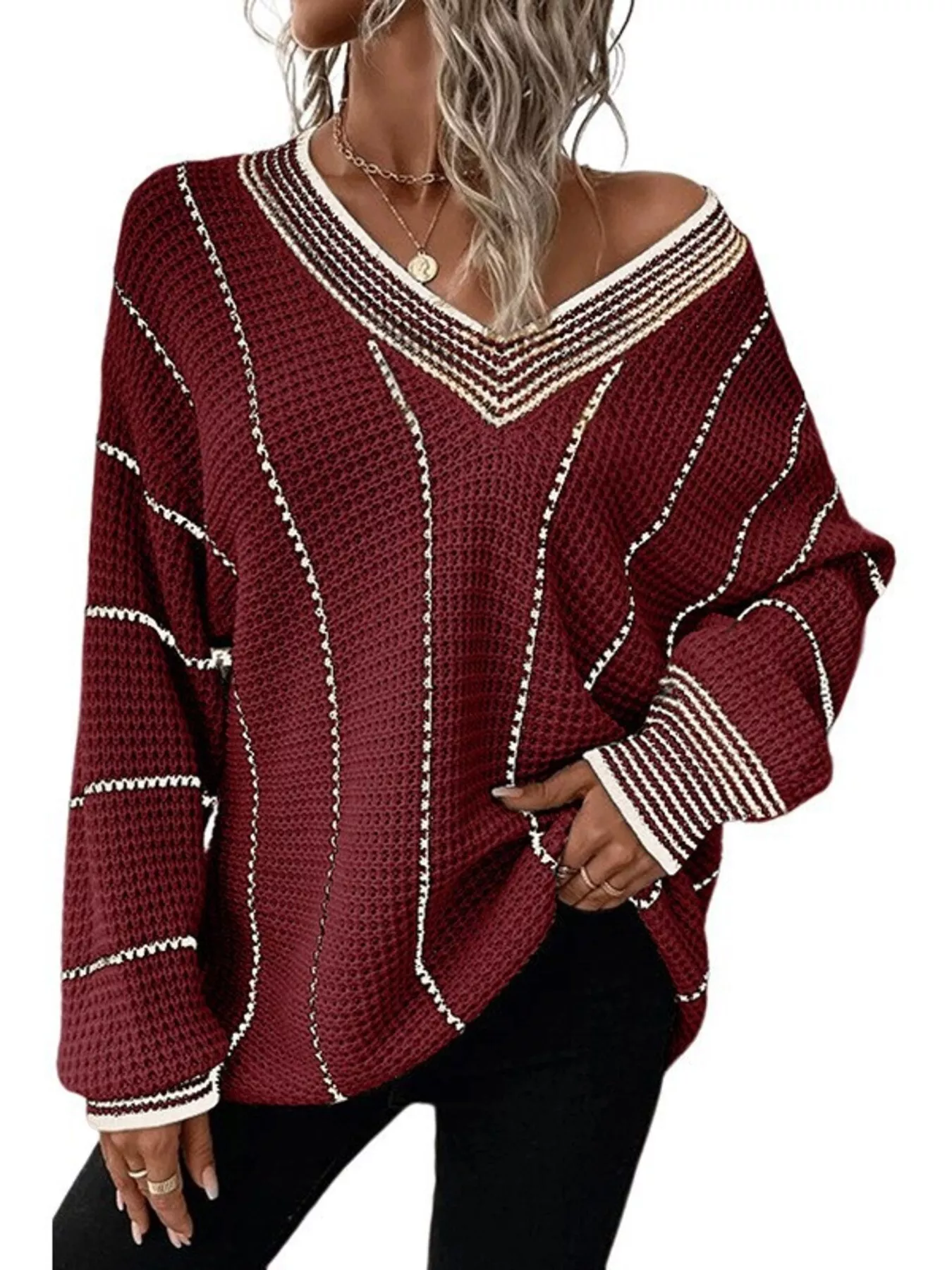 Full Size V-Neck Textured Knit Sweater Plus Size - Image 14