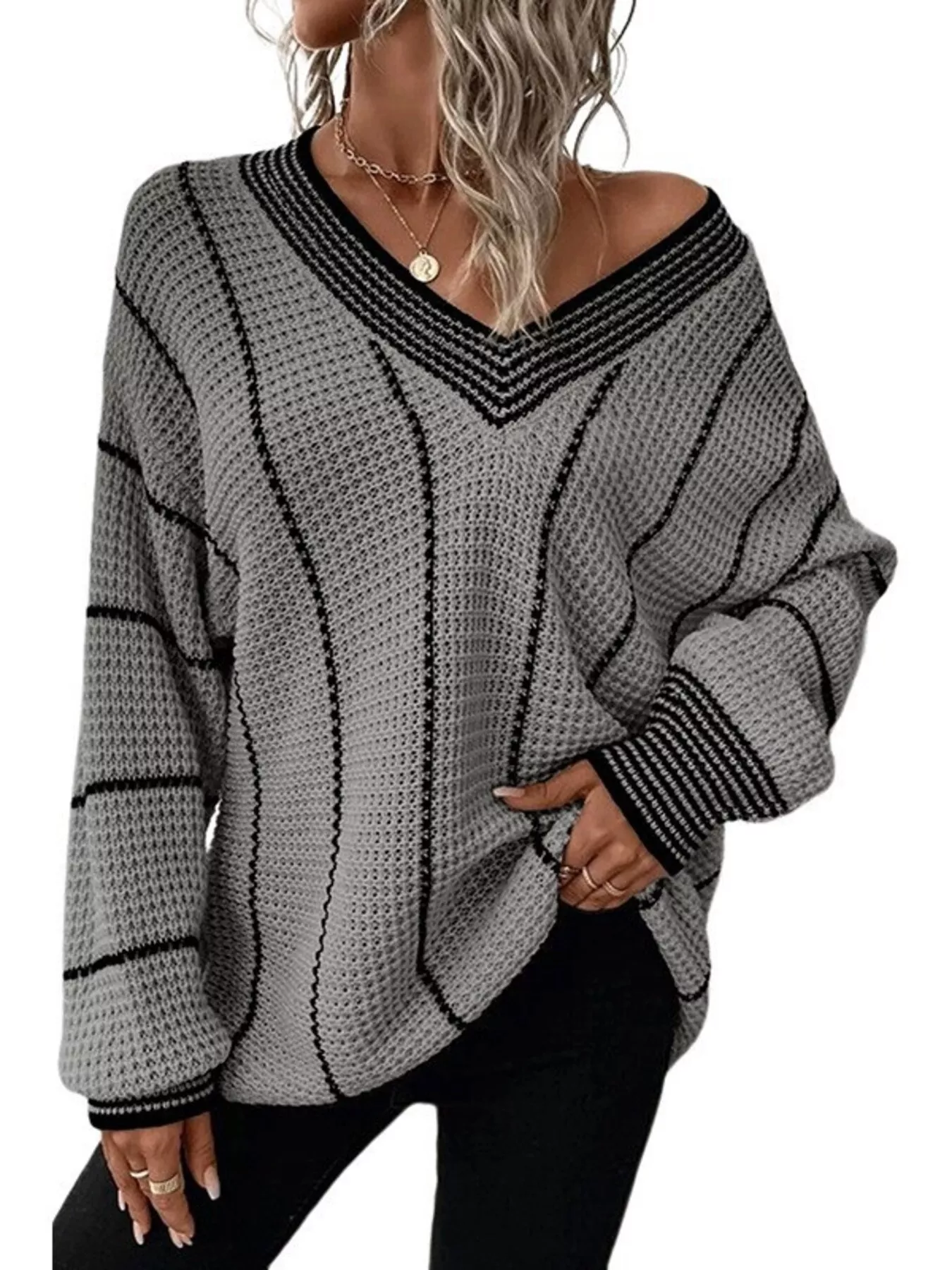 Full Size V-Neck Textured Knit Sweater Plus Size - Image 17