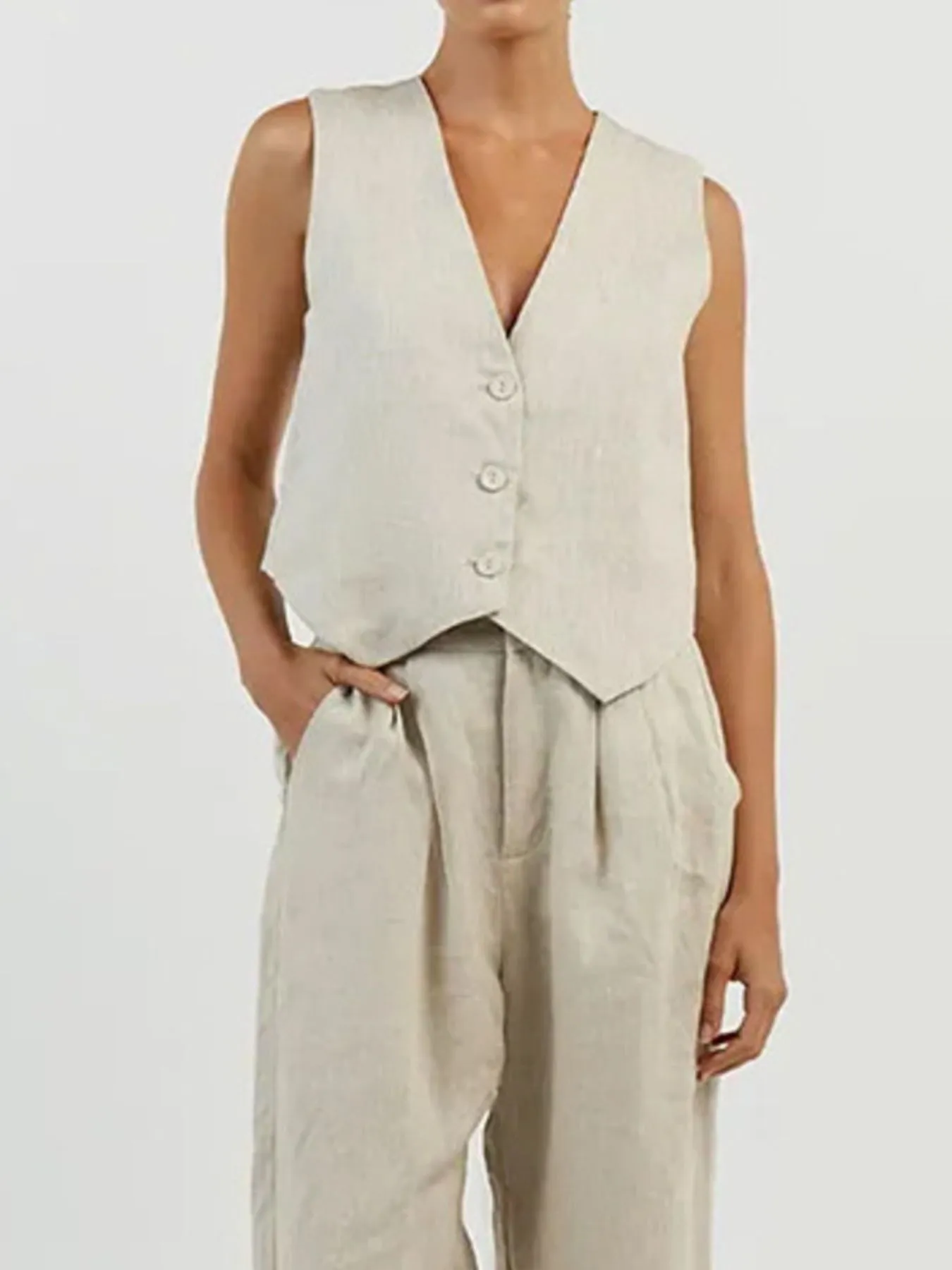 Full Size V-Neck Vest and Wide Leg Pants Set Plus Size - Image 2