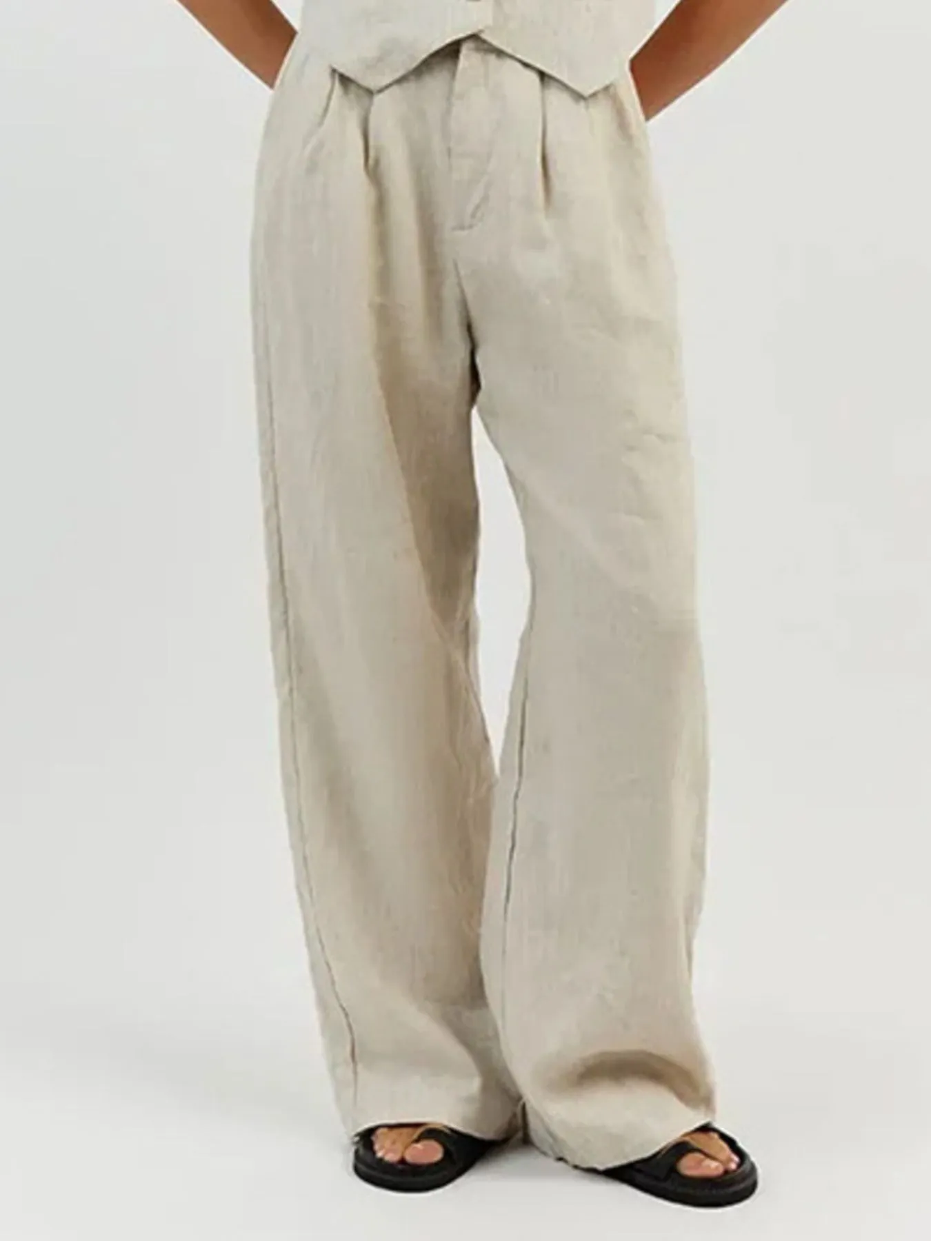 Full Size V-Neck Vest and Wide Leg Pants Set Plus Size - Image 3