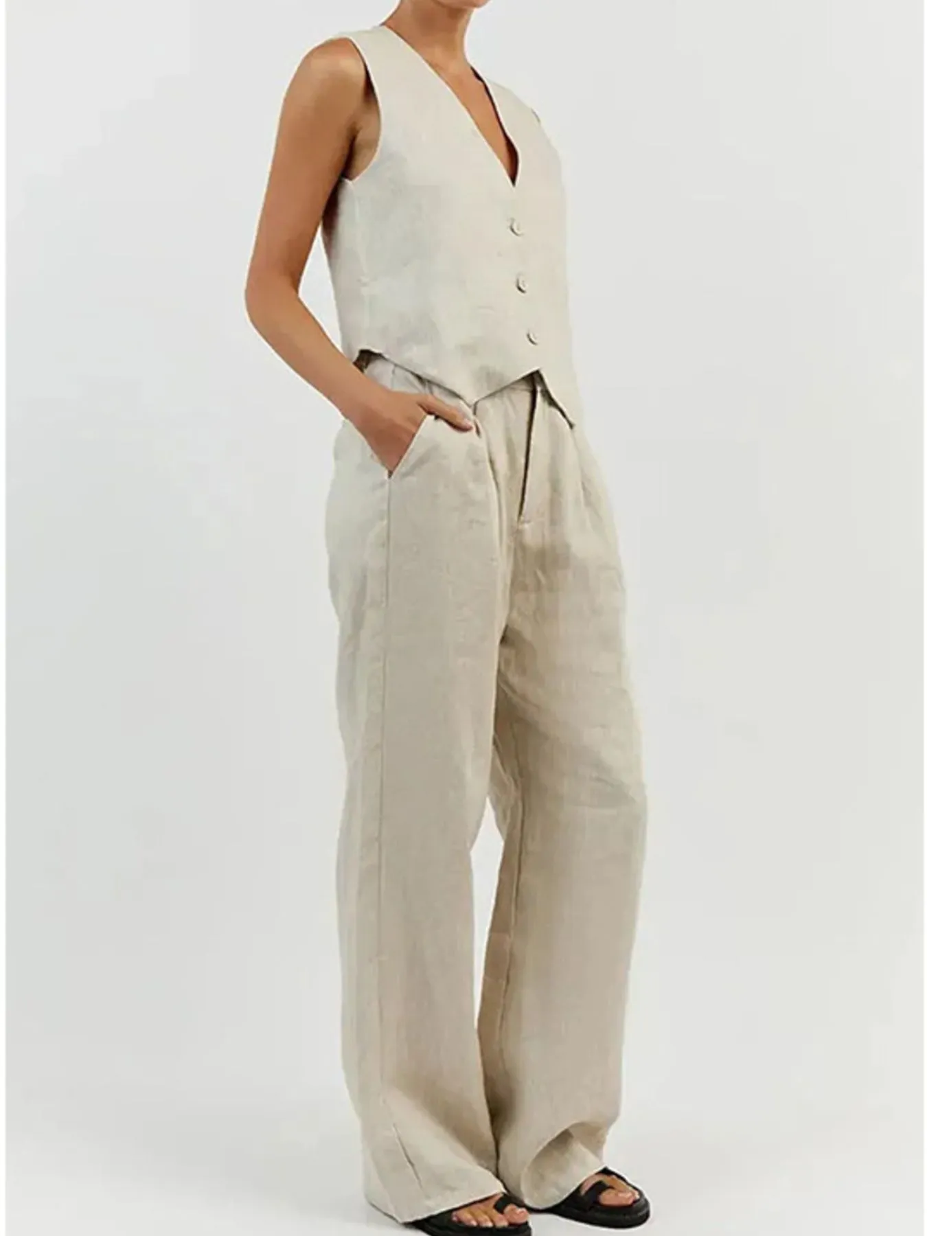 Full Size V-Neck Vest and Wide Leg Pants Set Plus Size - Image 4