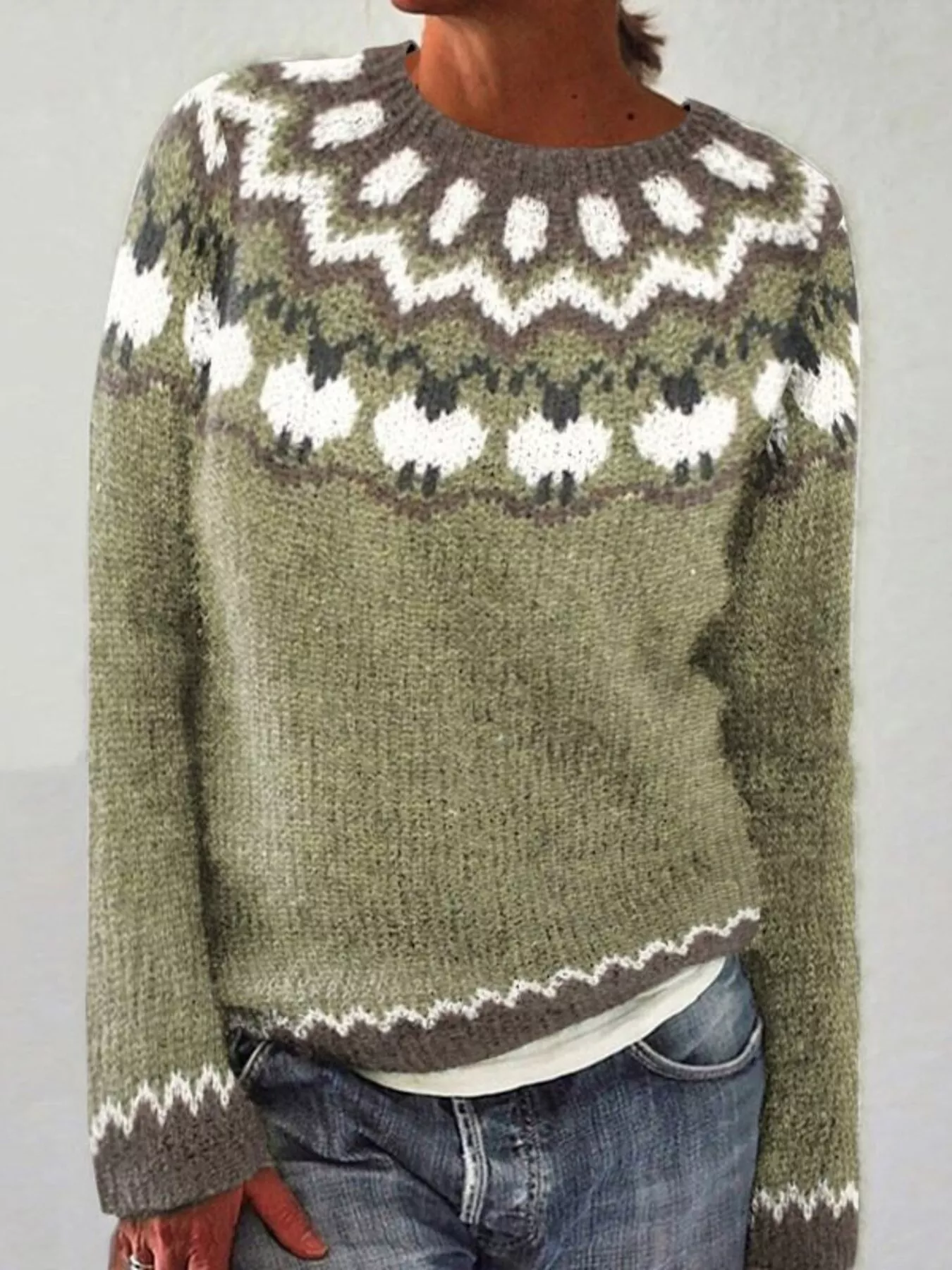 Full Size Vintage Patterned Round Neck Sweater Plus Size - Image 10