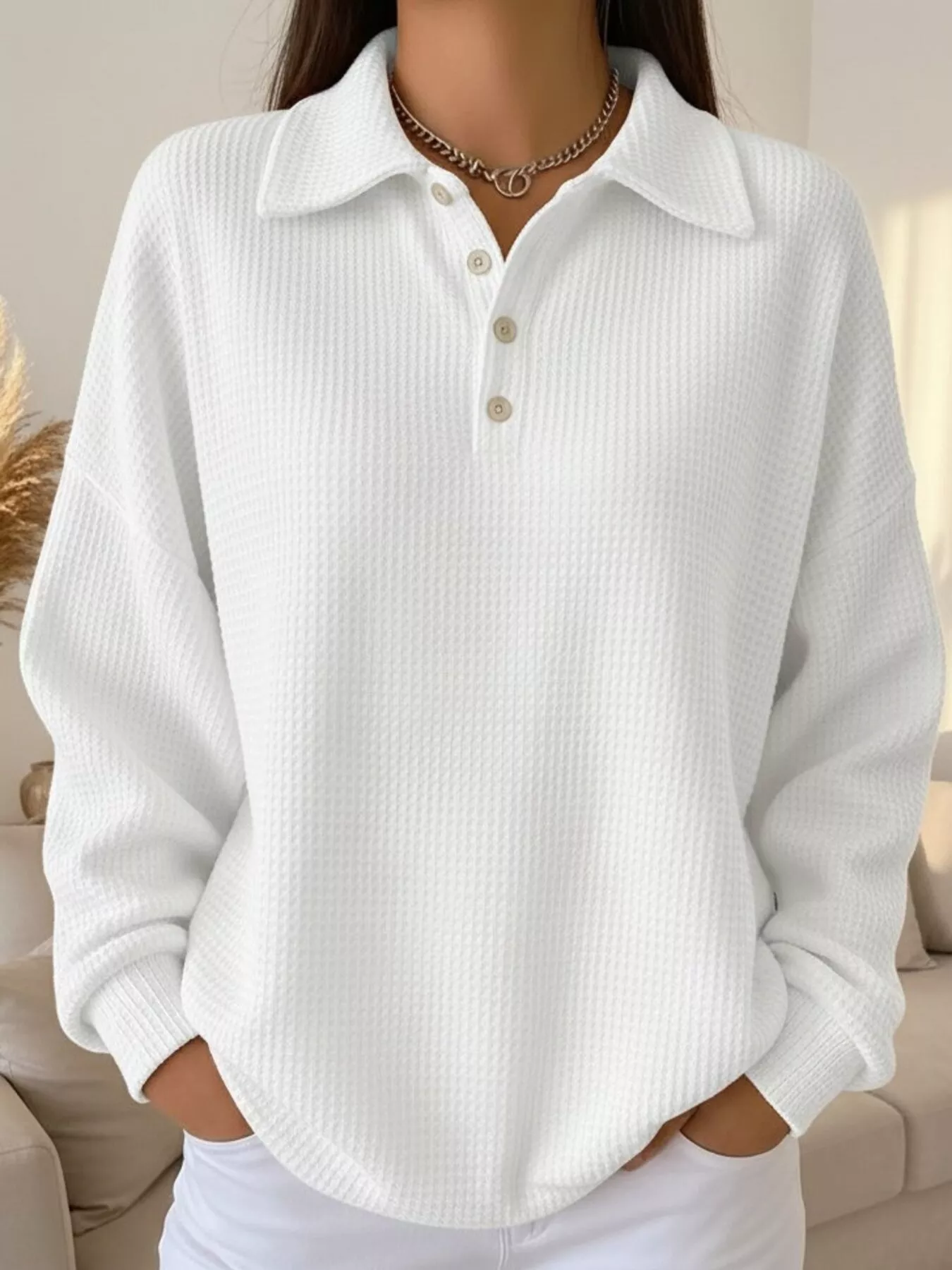 Full Size Waffle Knit Button Detail Sweatshirt Plus Size - Image 10